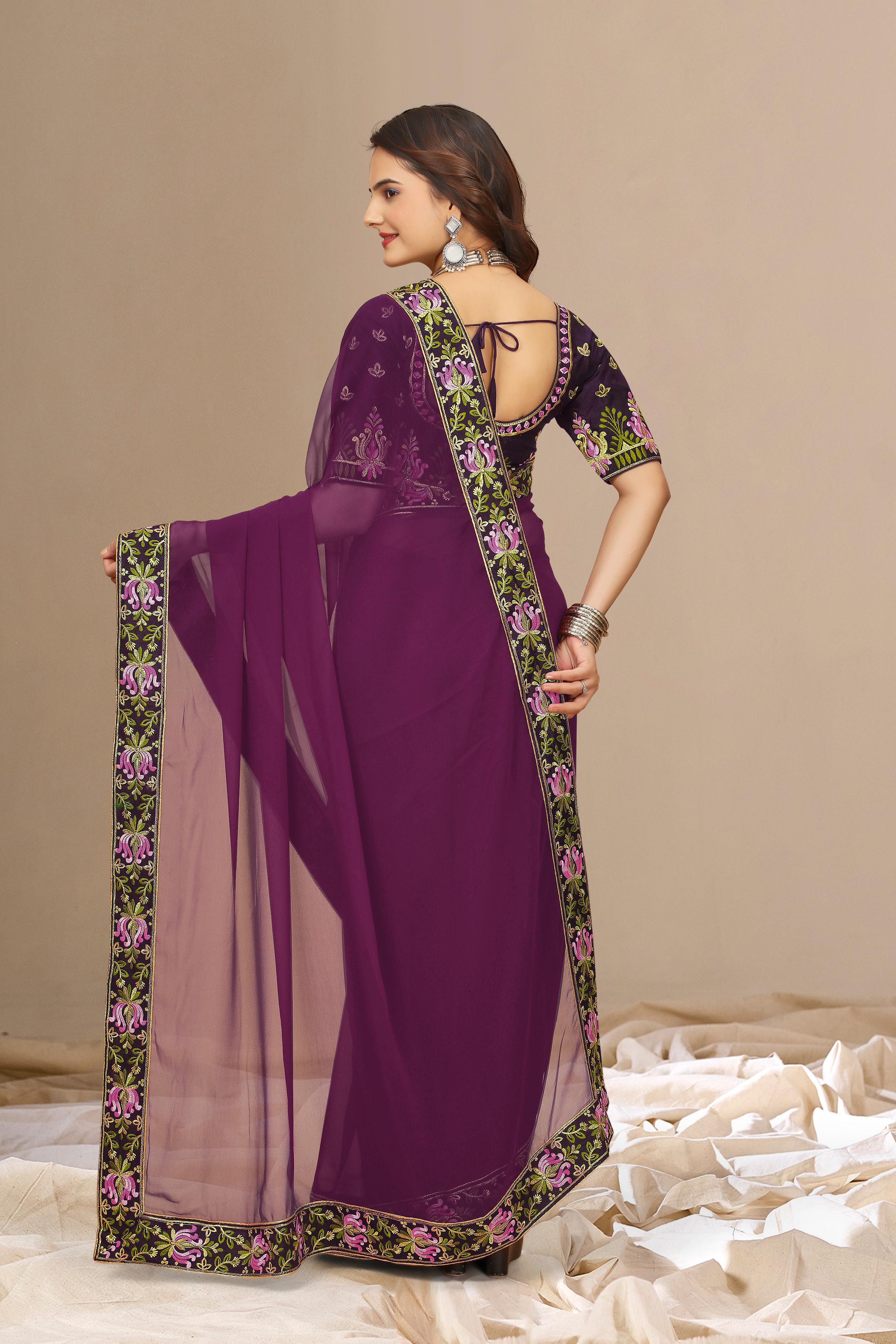 Purple Georgette with Floral Embroidery Lace Border Saree