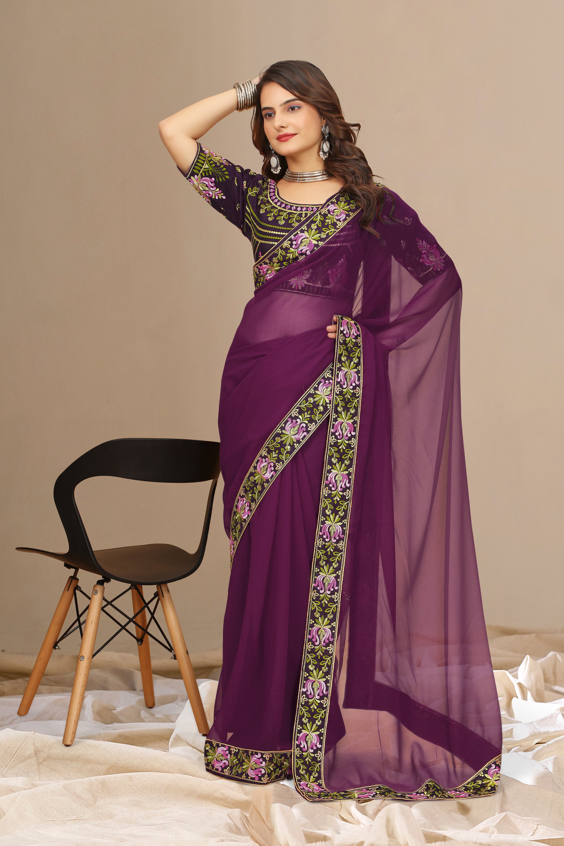 New Fancy Embroidered Silk Saree With Blouse