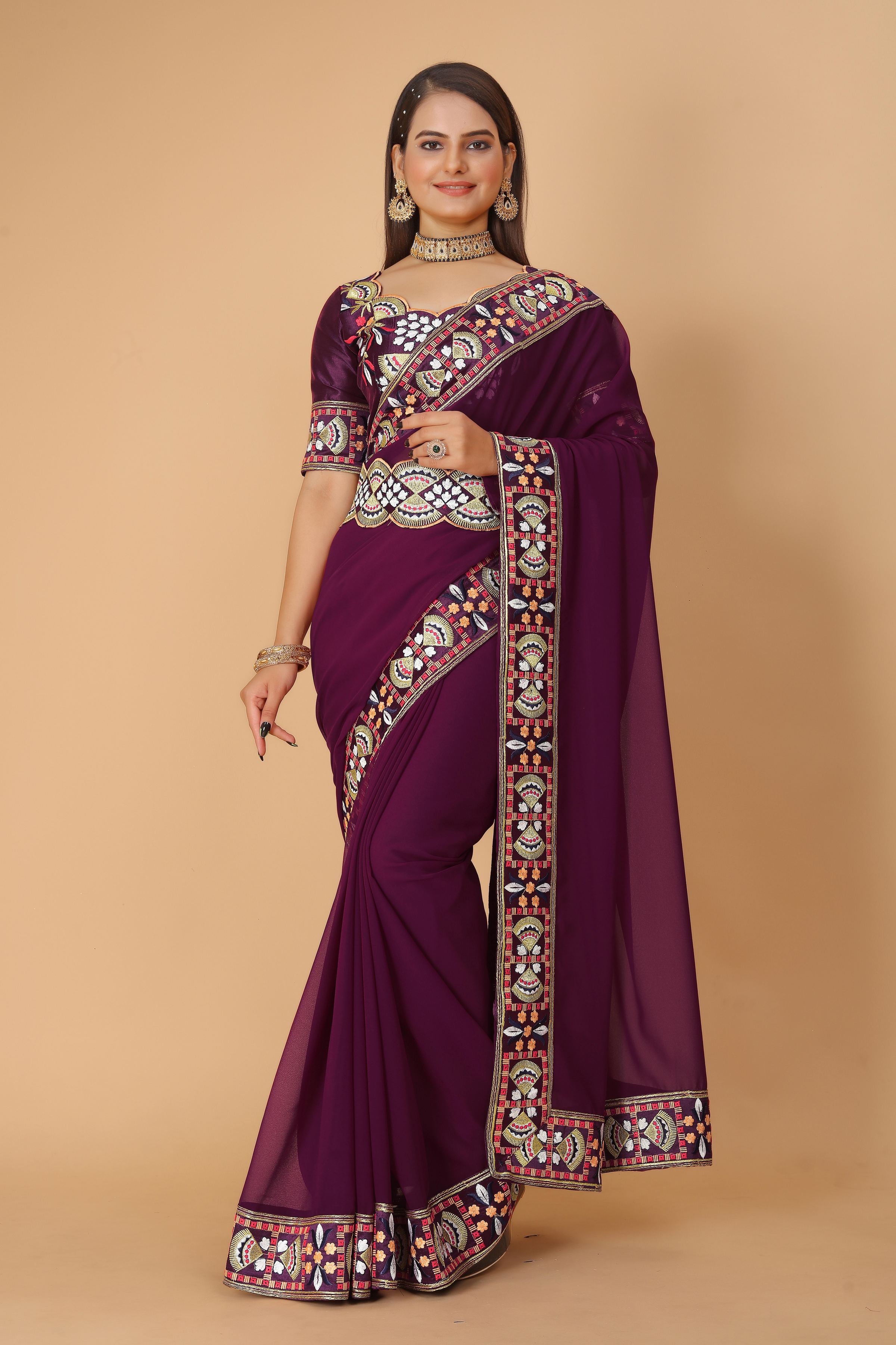 Wine Georgette Saree with Heavy Ethnic Embroidery Border