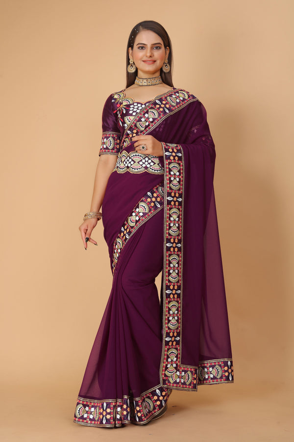 Wine Georgette Saree with Heavy Ethnic Embroidery Border