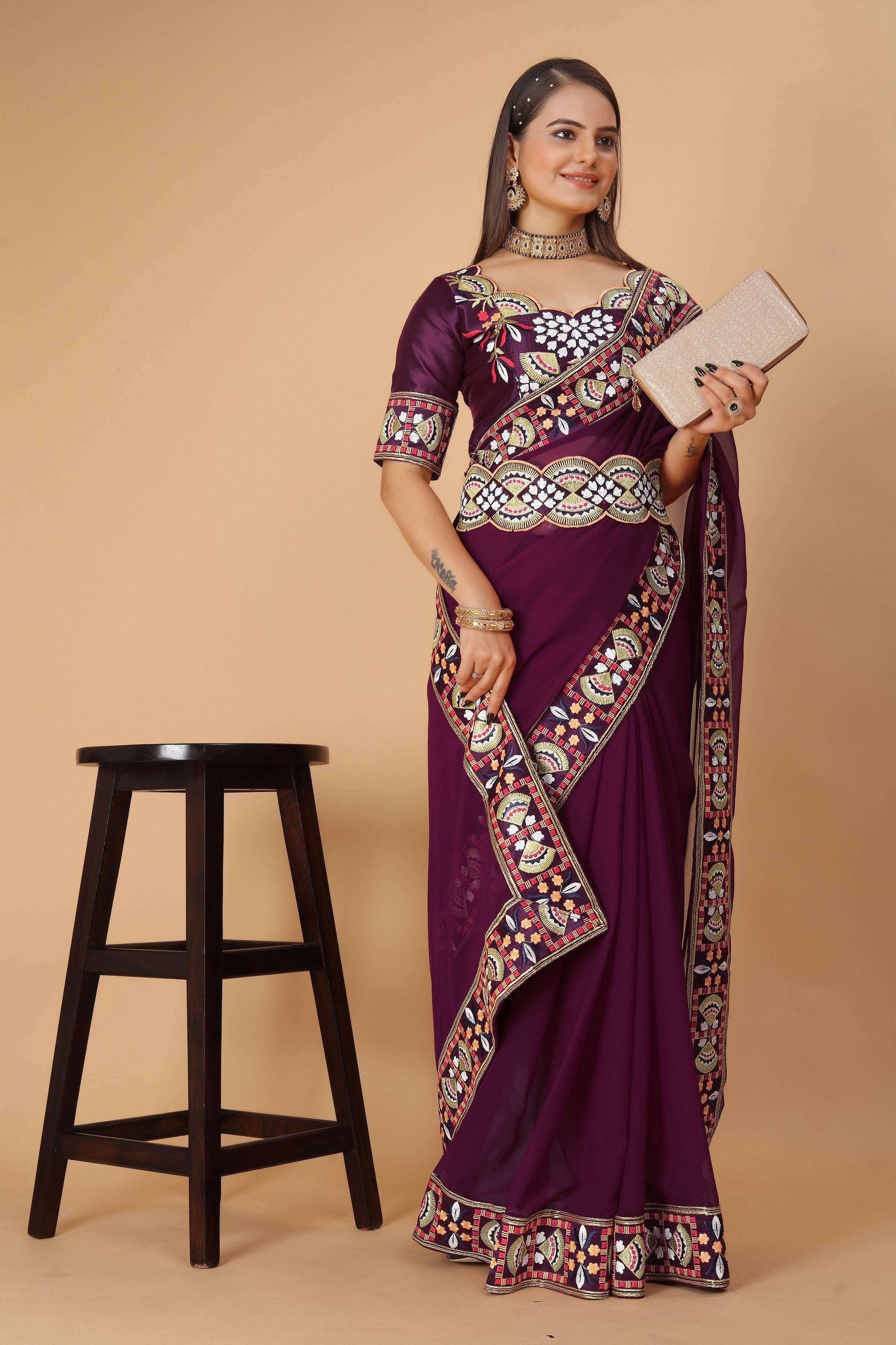 Wine Georgette Saree with Heavy Ethnic Embroidery Border