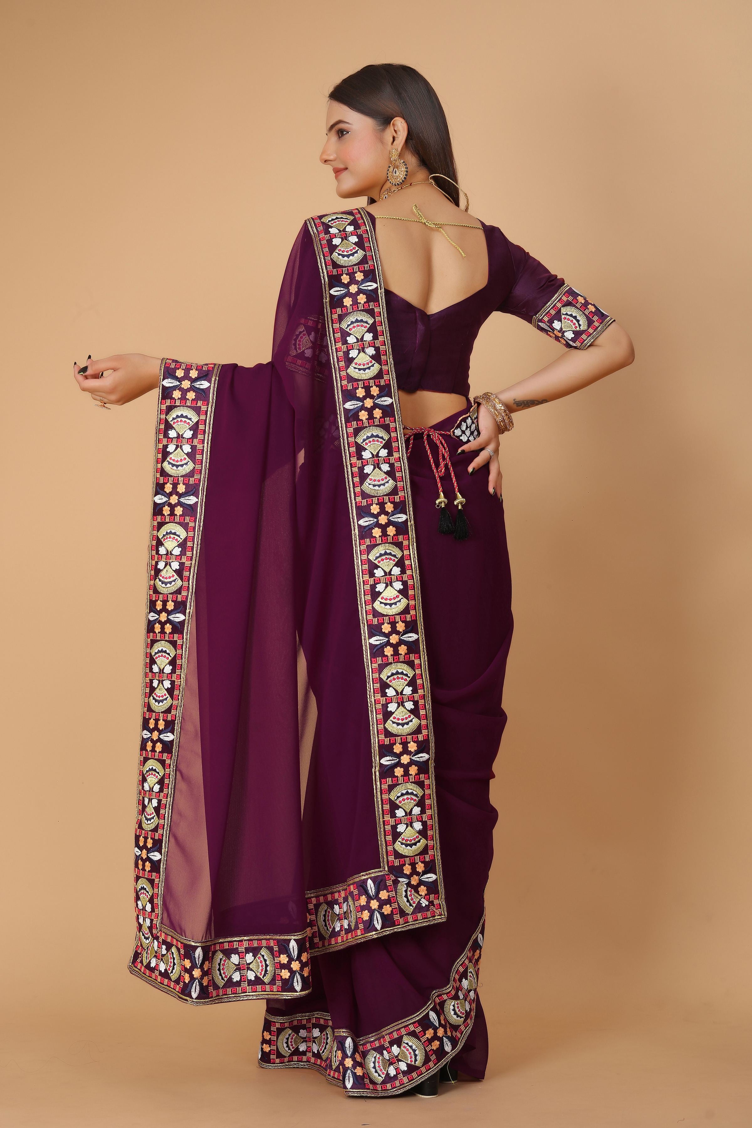 Wine Georgette Saree with Heavy Ethnic Embroidery Border