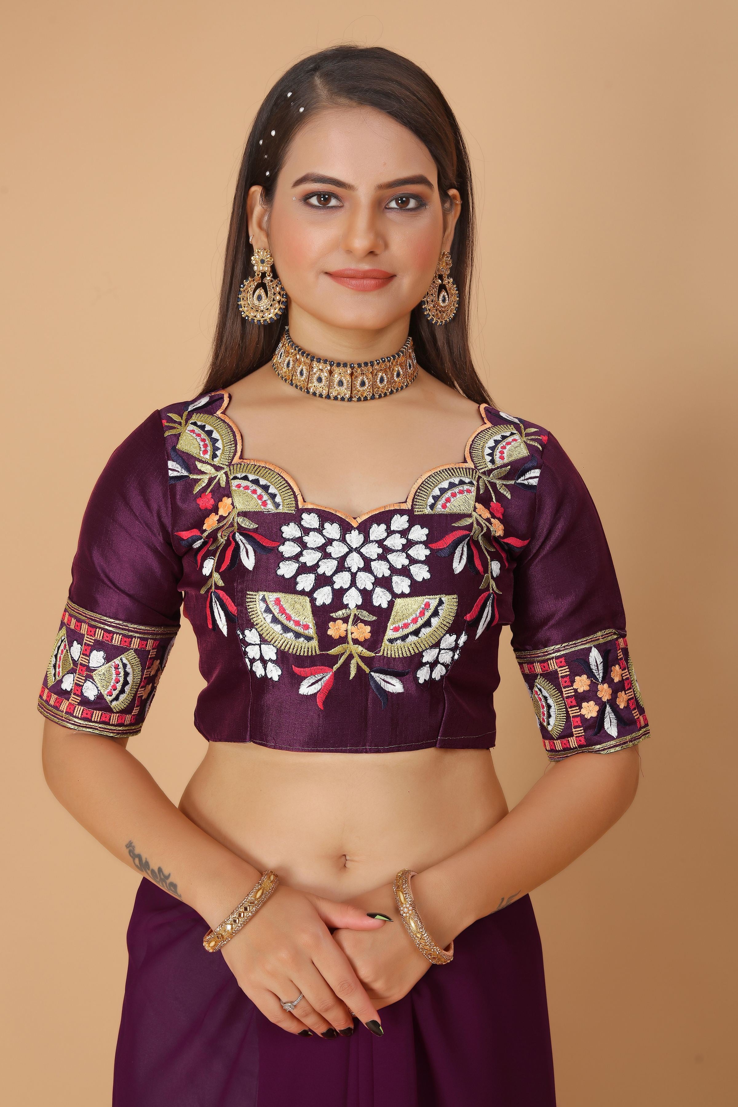 Wine Georgette Saree with Heavy Ethnic Embroidery Border