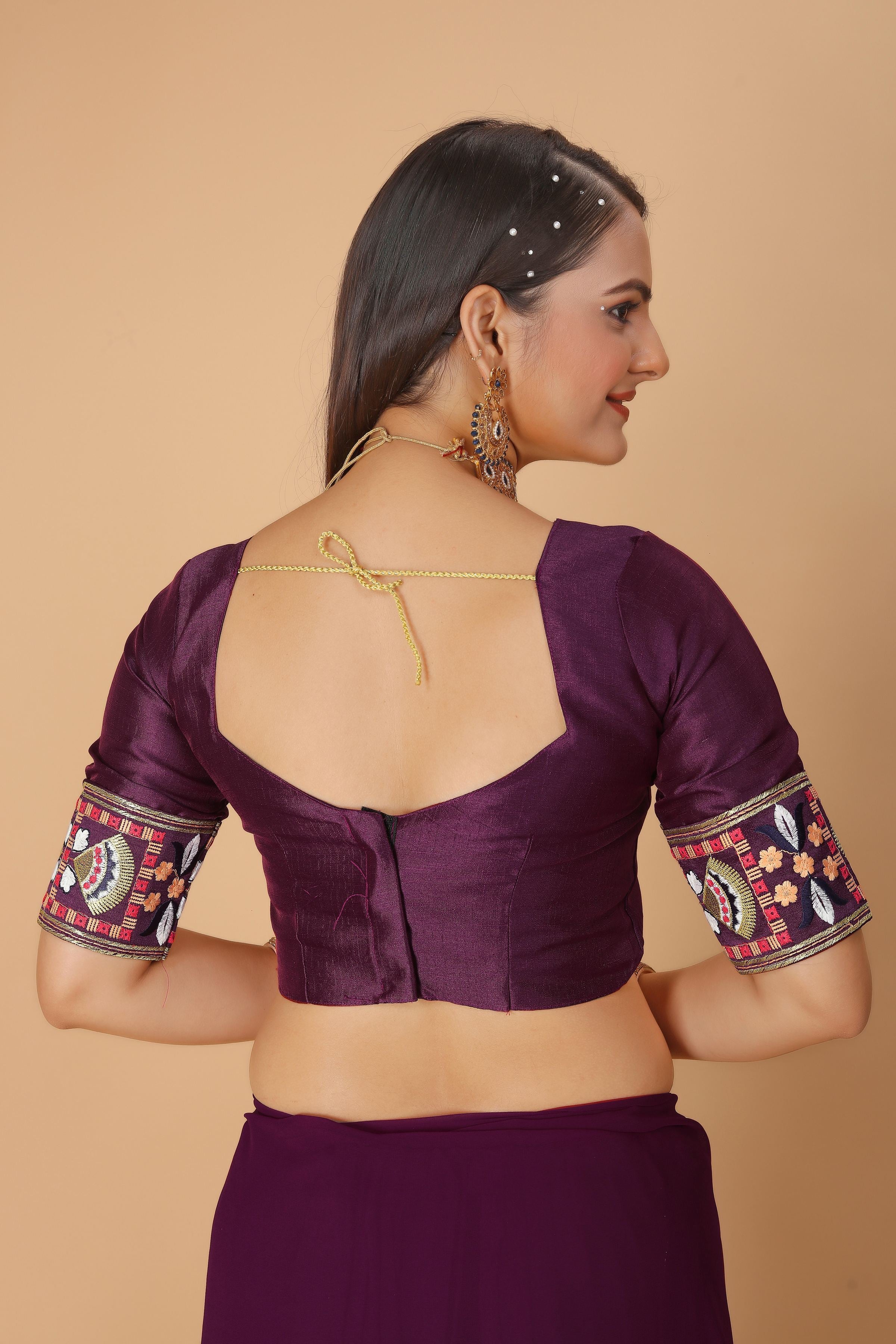 Wine Georgette Saree with Heavy Ethnic Embroidery Border