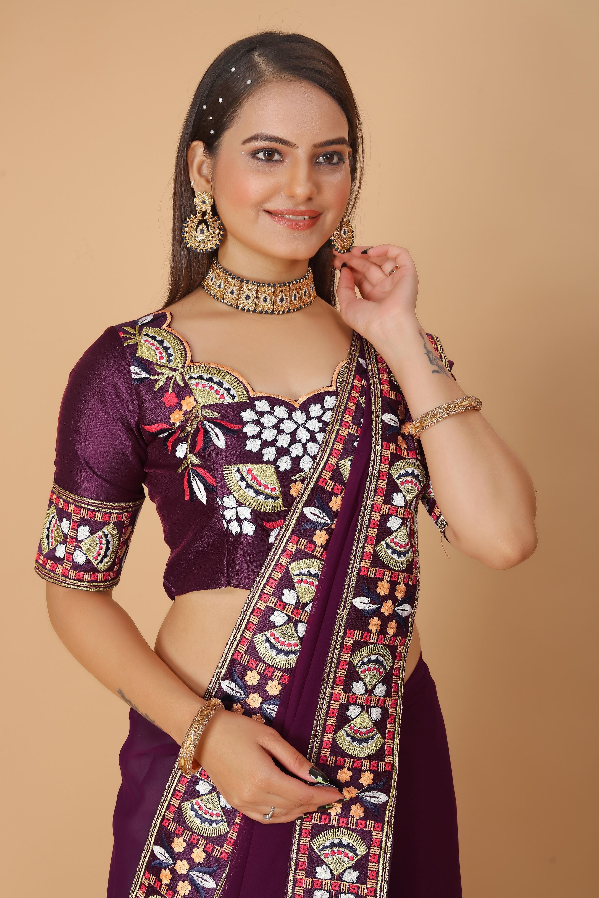 Wine Georgette Saree with Heavy Ethnic Embroidery Border