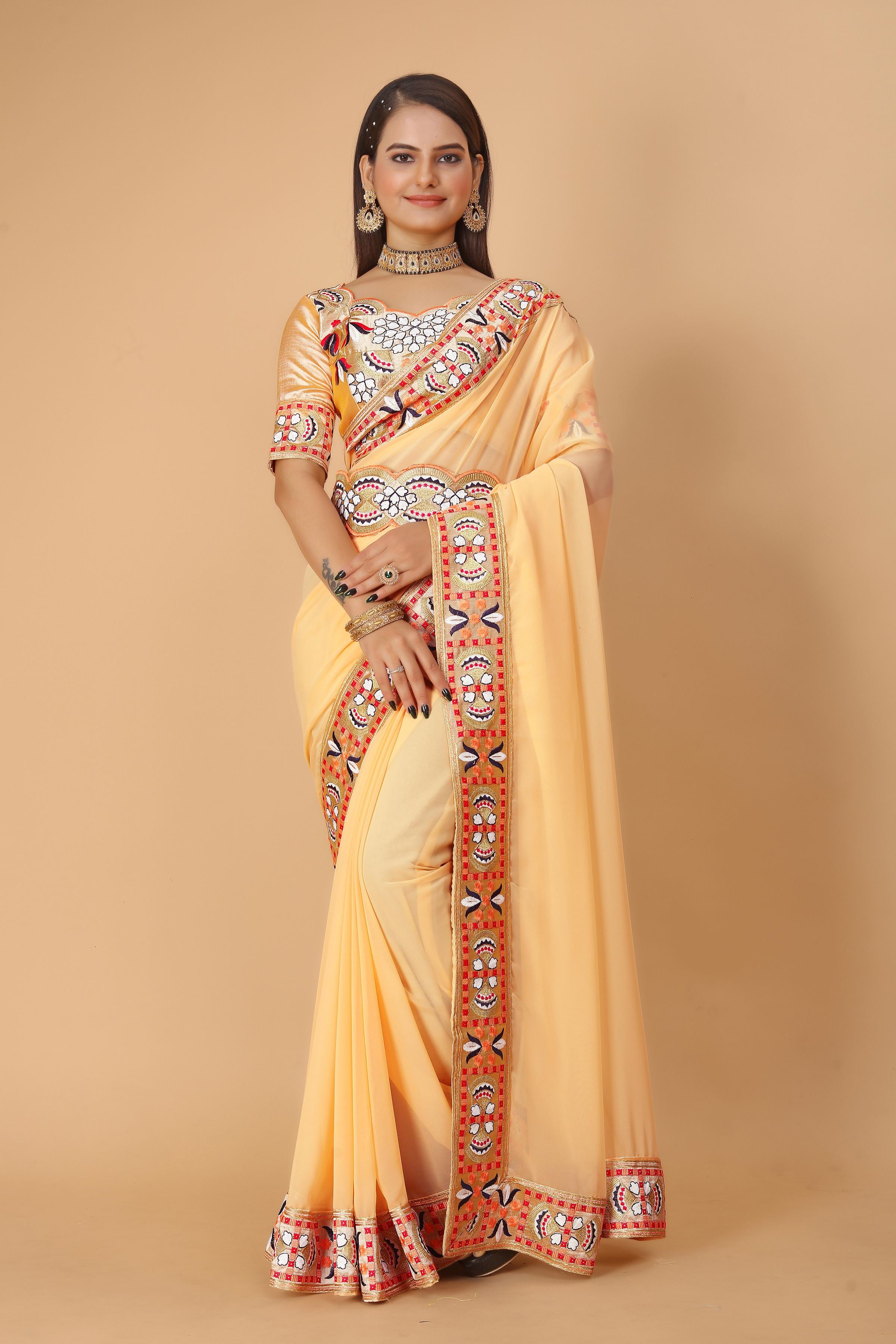 Yellow Georgette Saree with Heavy Ethnic Embroidery Border