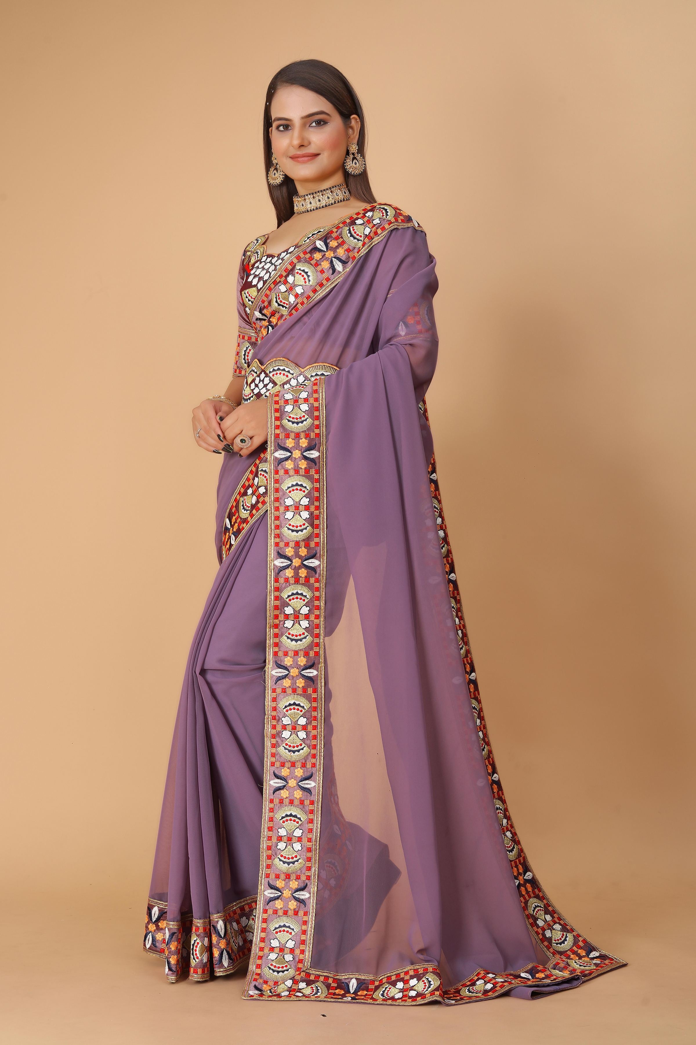 Mauve Georgette Saree with Heavy Ethnic Embroidery Border