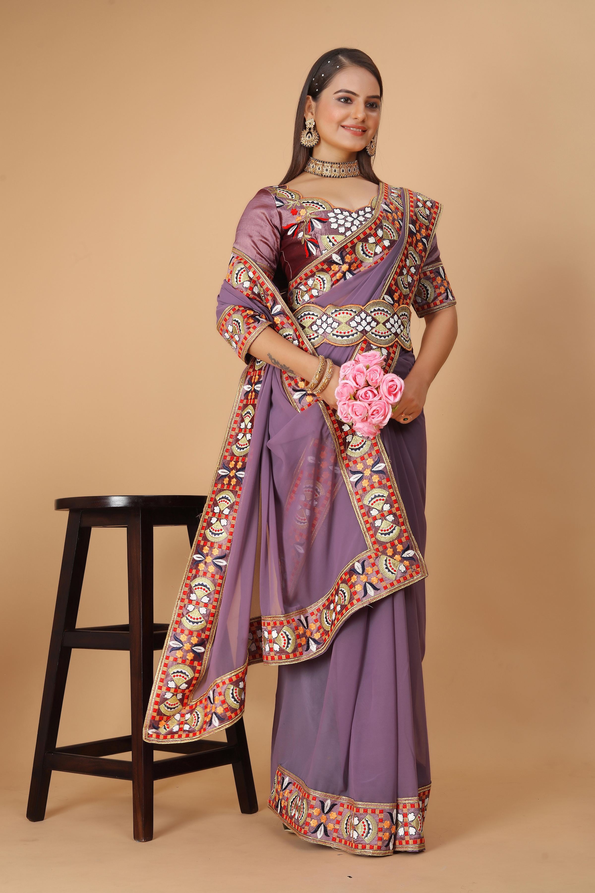 Mauve Georgette Saree with Heavy Ethnic Embroidery Border
