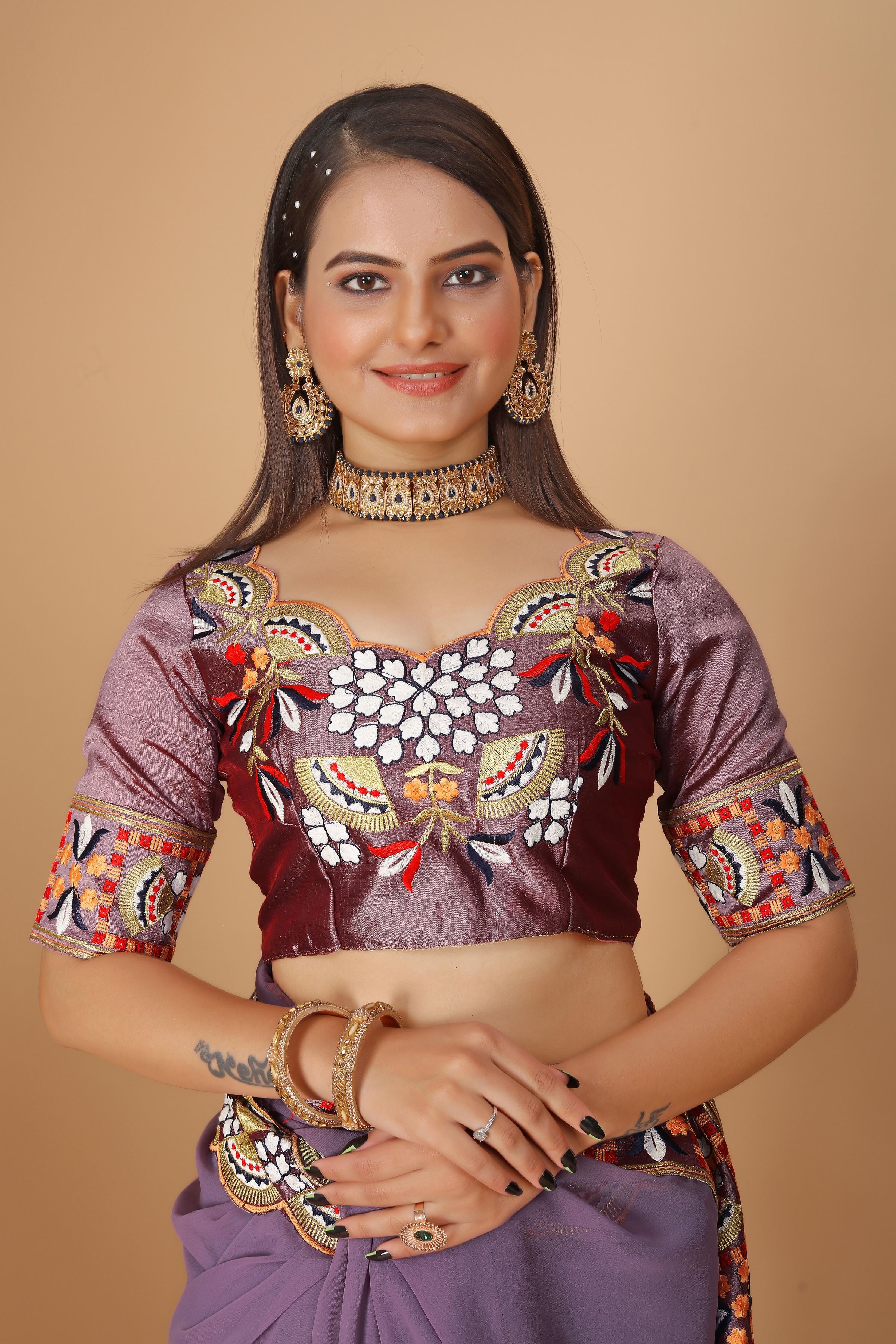 Mauve Georgette Saree with Heavy Ethnic Embroidery Border