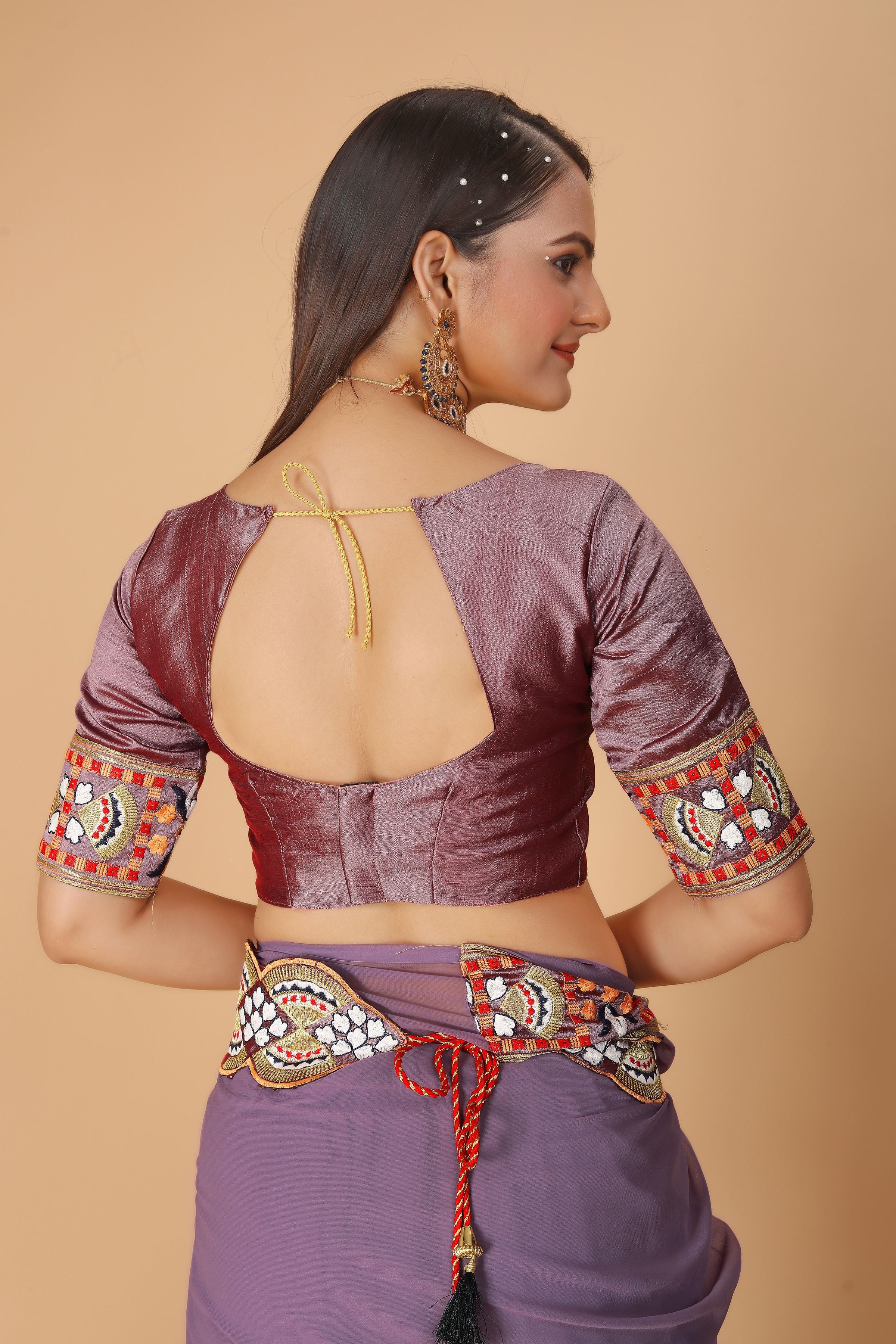 Mauve Georgette Saree with Heavy Ethnic Embroidery Border
