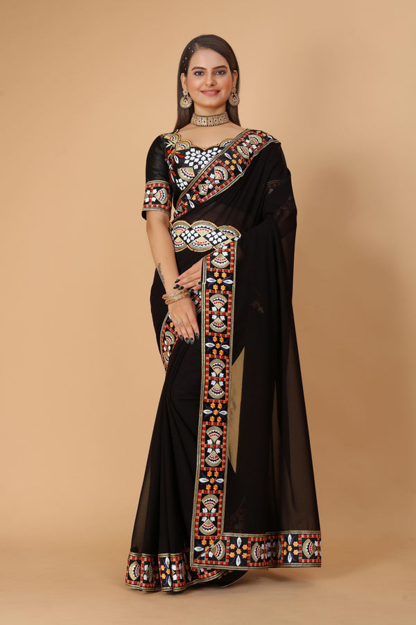 Black Georgette Saree with Heavy Ethnic Embroidery Border