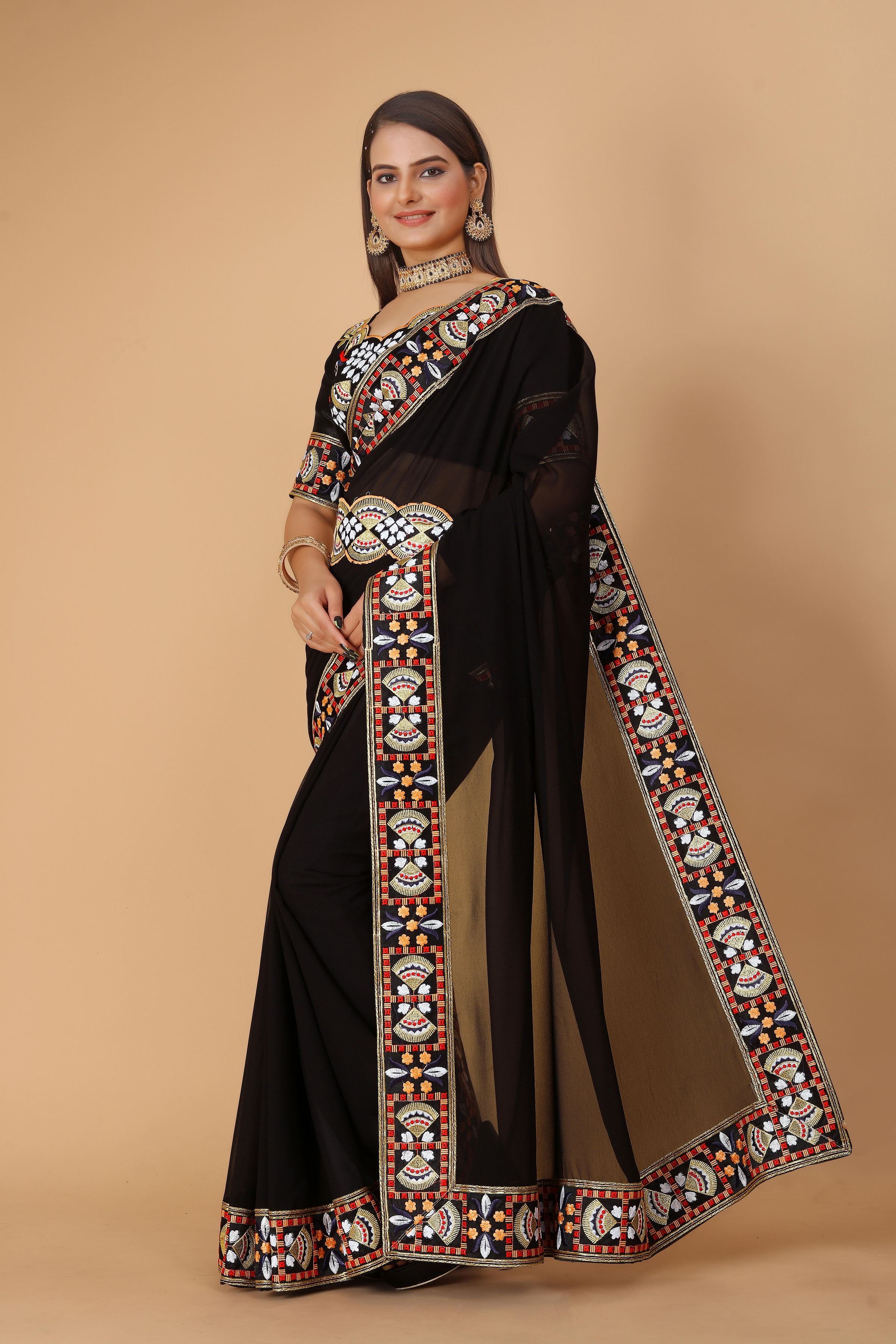 Black Georgette Saree with Heavy Ethnic Embroidery Border