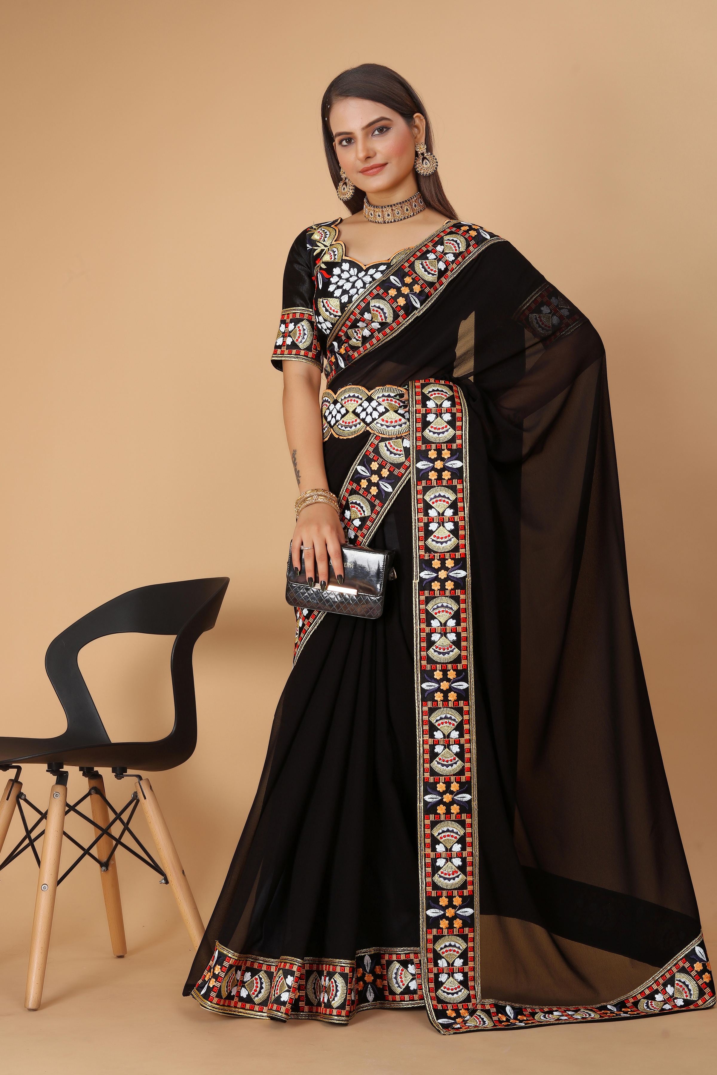 Black Georgette Saree with Heavy Ethnic Embroidery Border