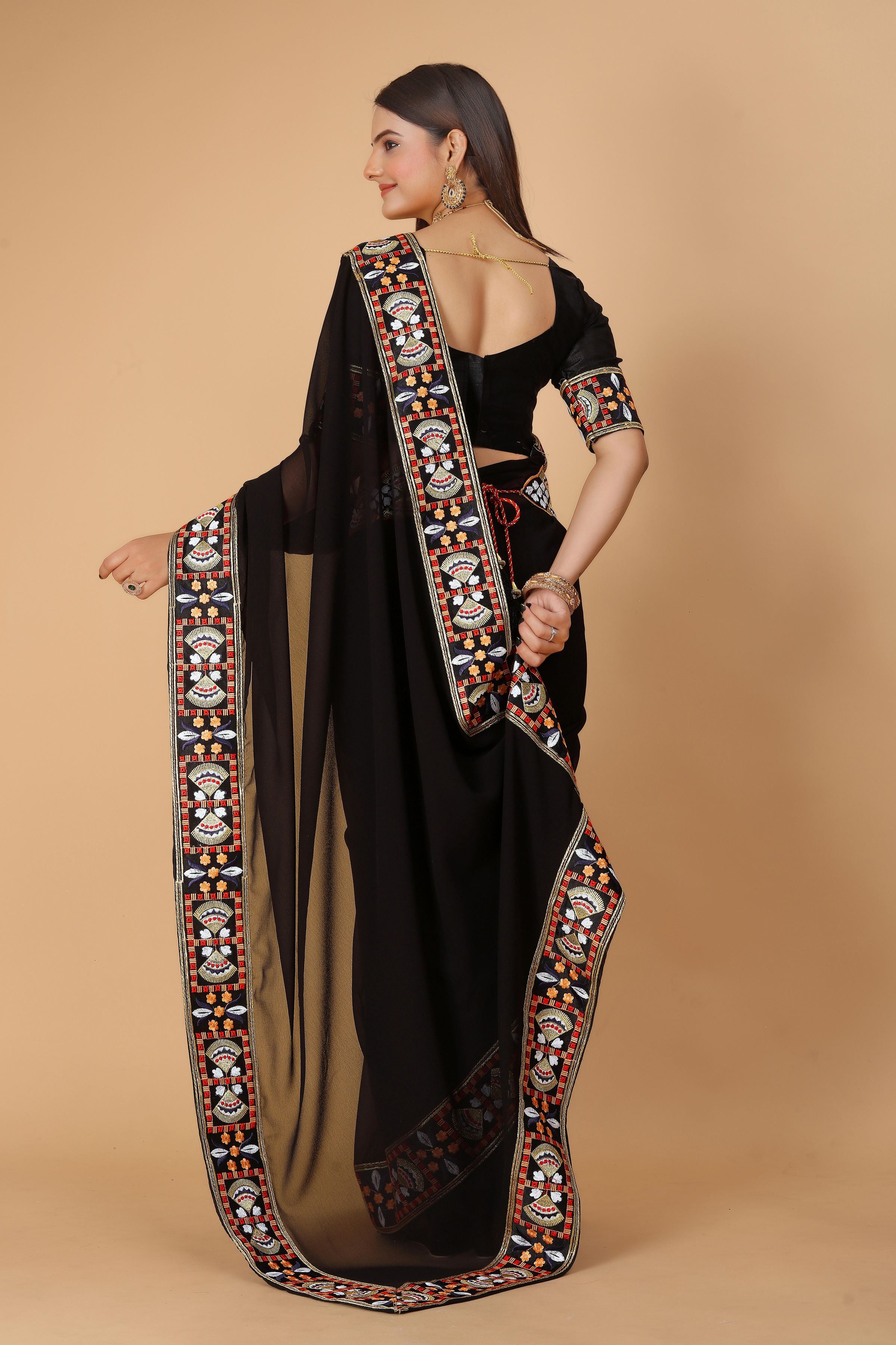 Black Georgette Saree with Heavy Ethnic Embroidery Border