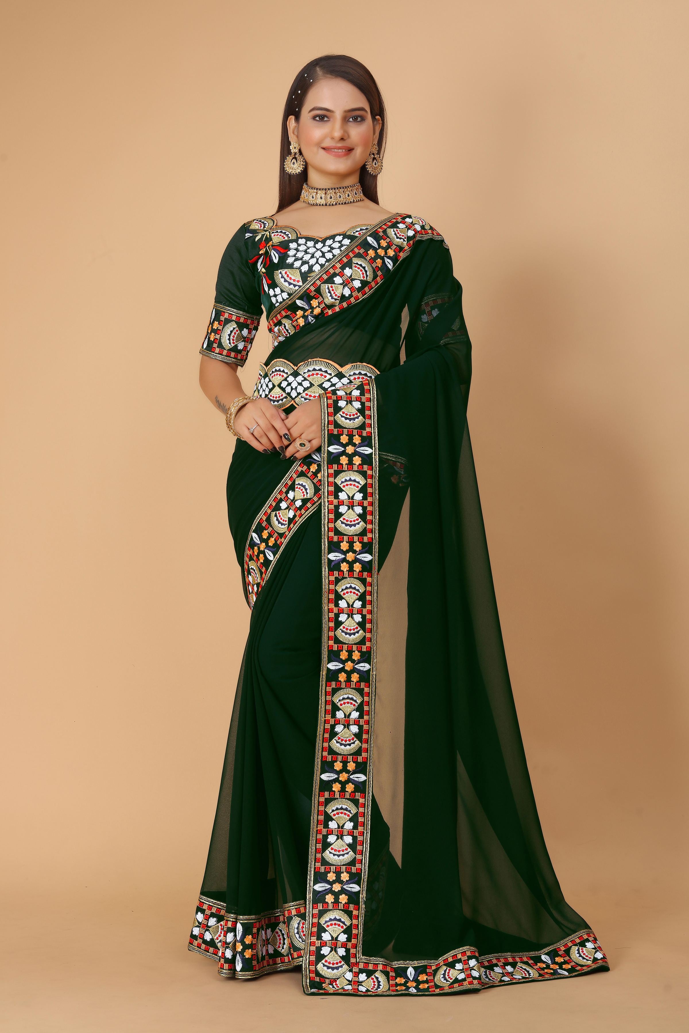 Bottle Green Georgette Saree with Heavy Ethnic Embroidery Border