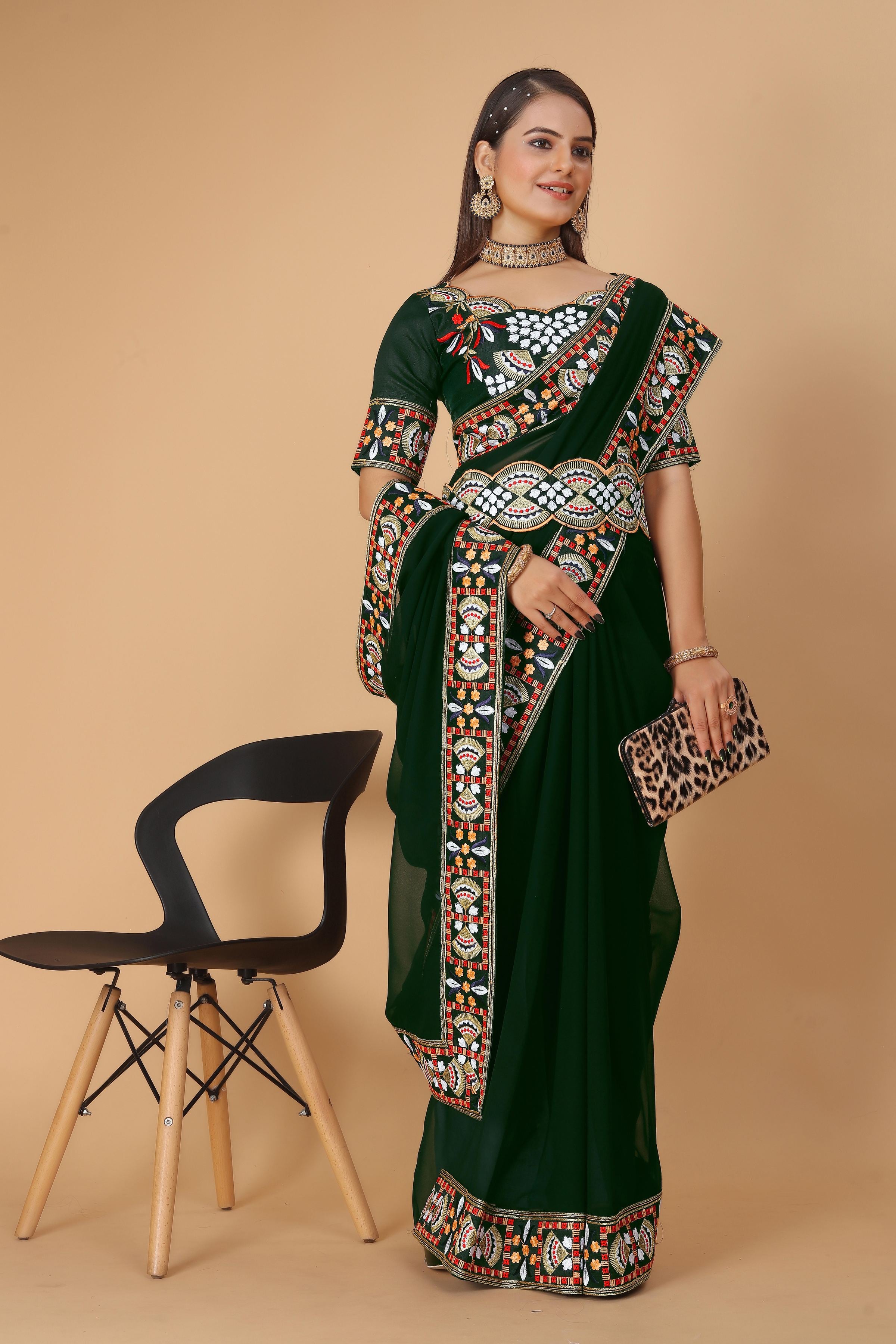 Bottle Green Georgette Saree with Heavy Ethnic Embroidery Border