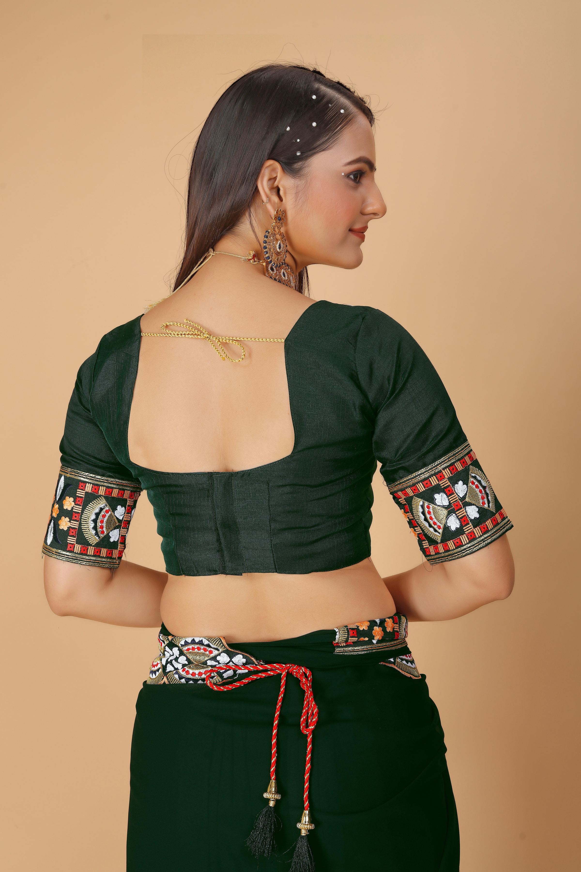 Bottle Green Georgette Saree with Heavy Ethnic Embroidery Border