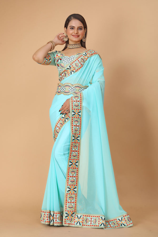 Light Blue Georgette Saree with Heavy Ethnic Embroidery Border