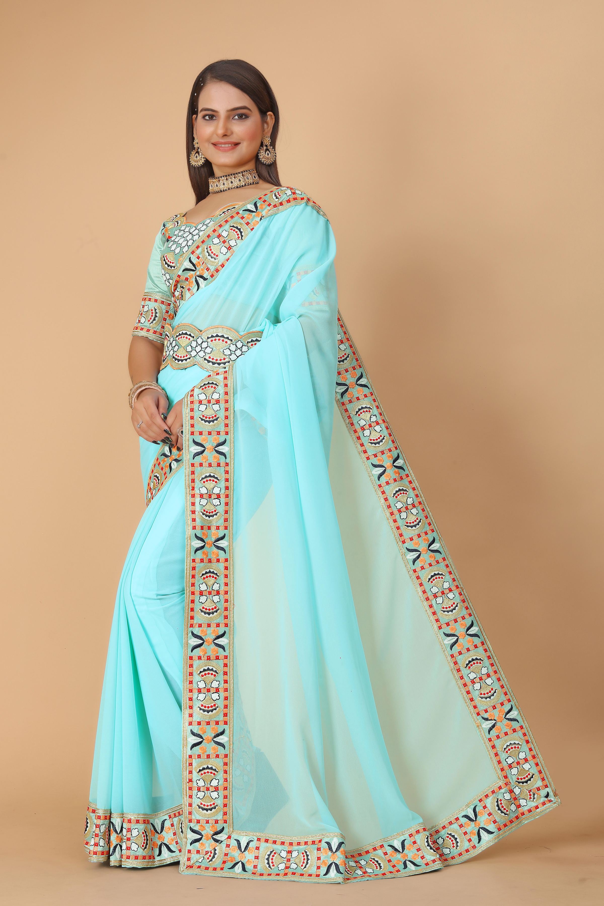 Light Blue Georgette Saree with Heavy Ethnic Embroidery Border