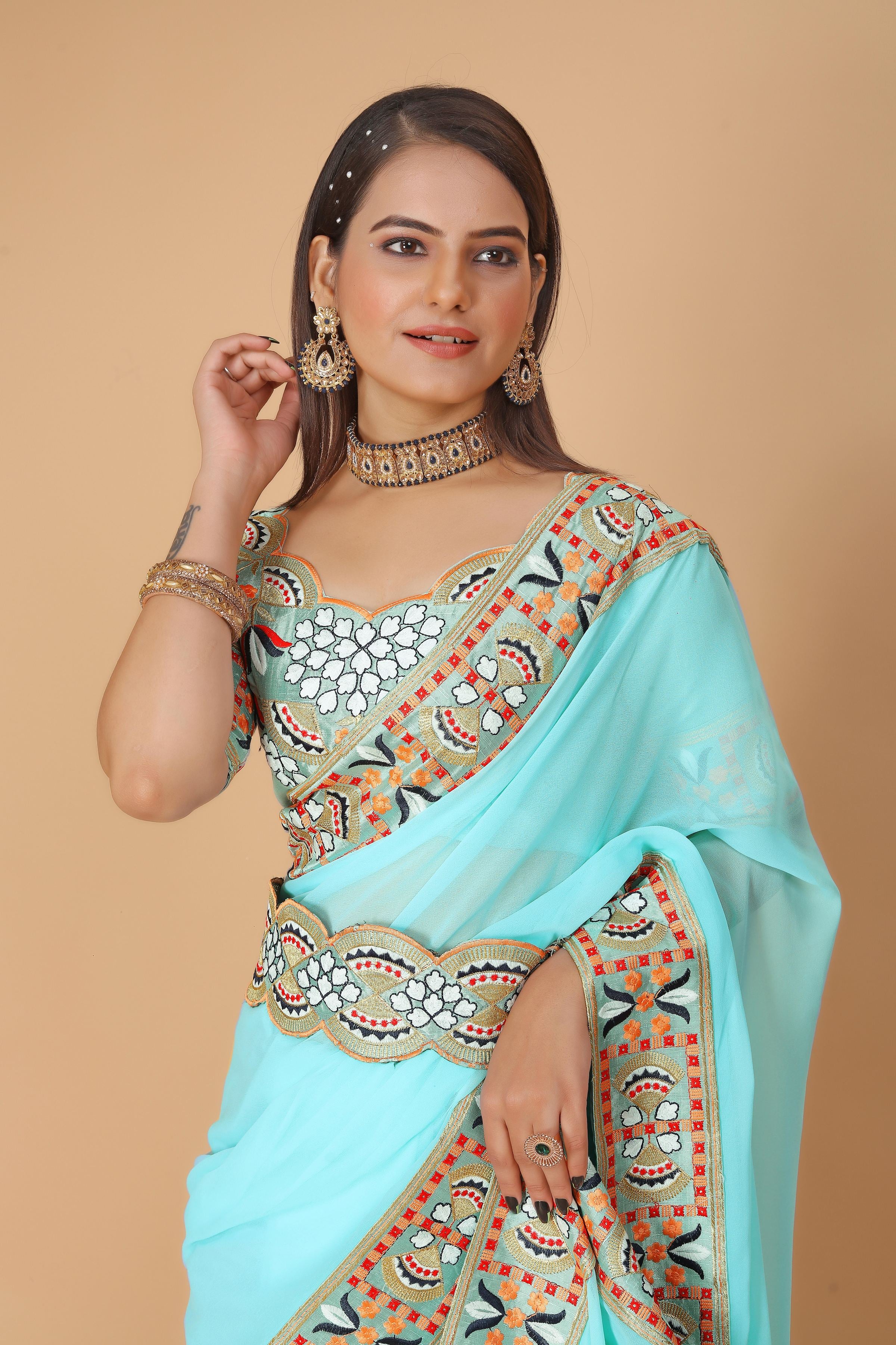 Light Blue Georgette Saree with Heavy Ethnic Embroidery Border