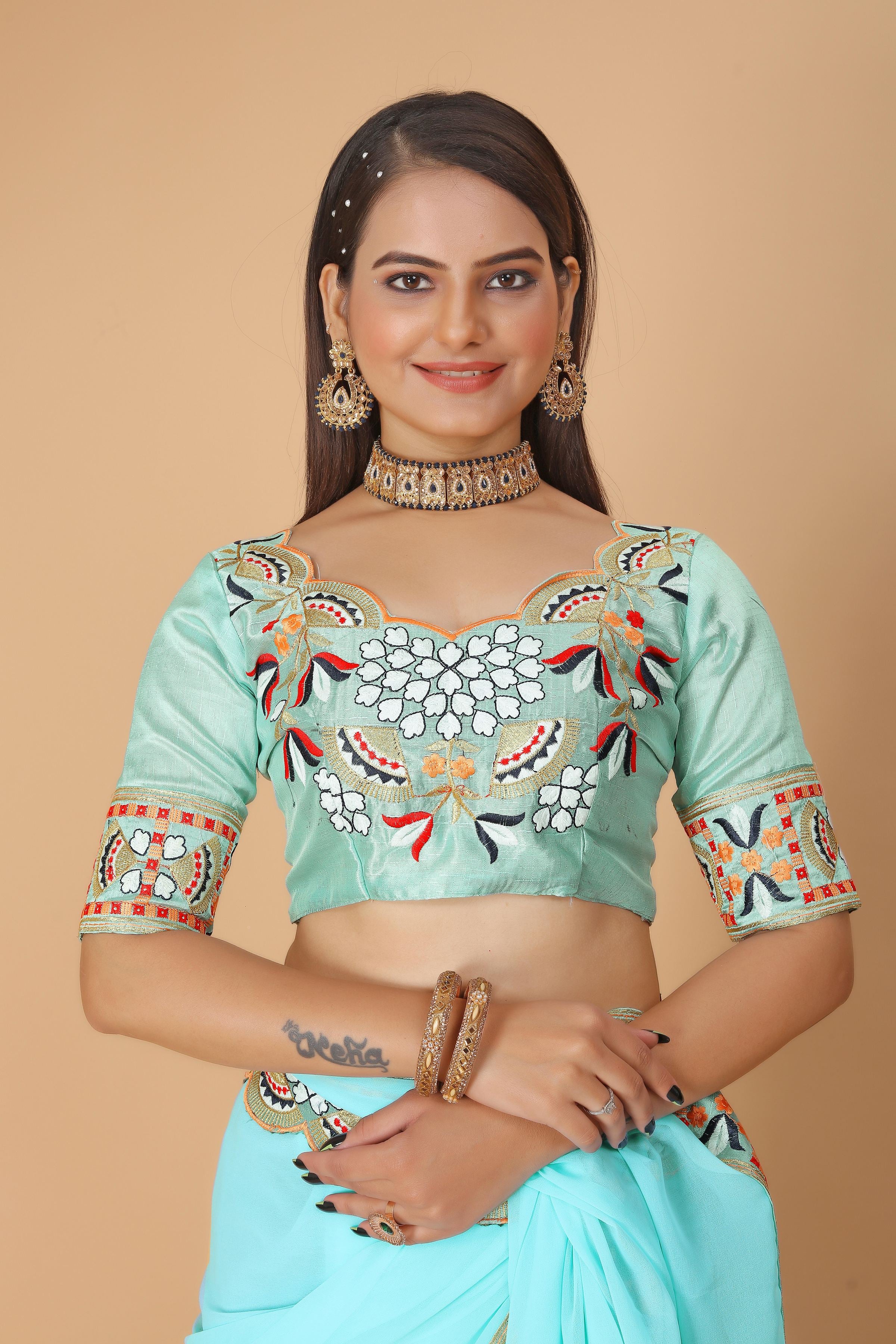 Light Blue Georgette Saree with Heavy Ethnic Embroidery Border
