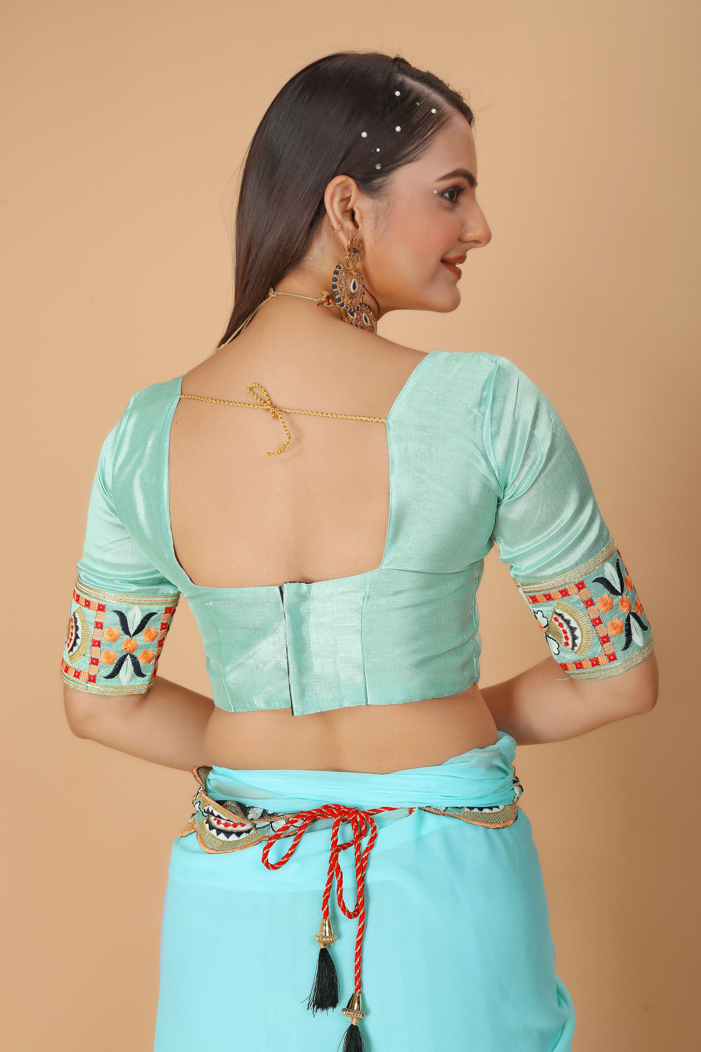 Light Blue Georgette Saree with Heavy Ethnic Embroidery Border