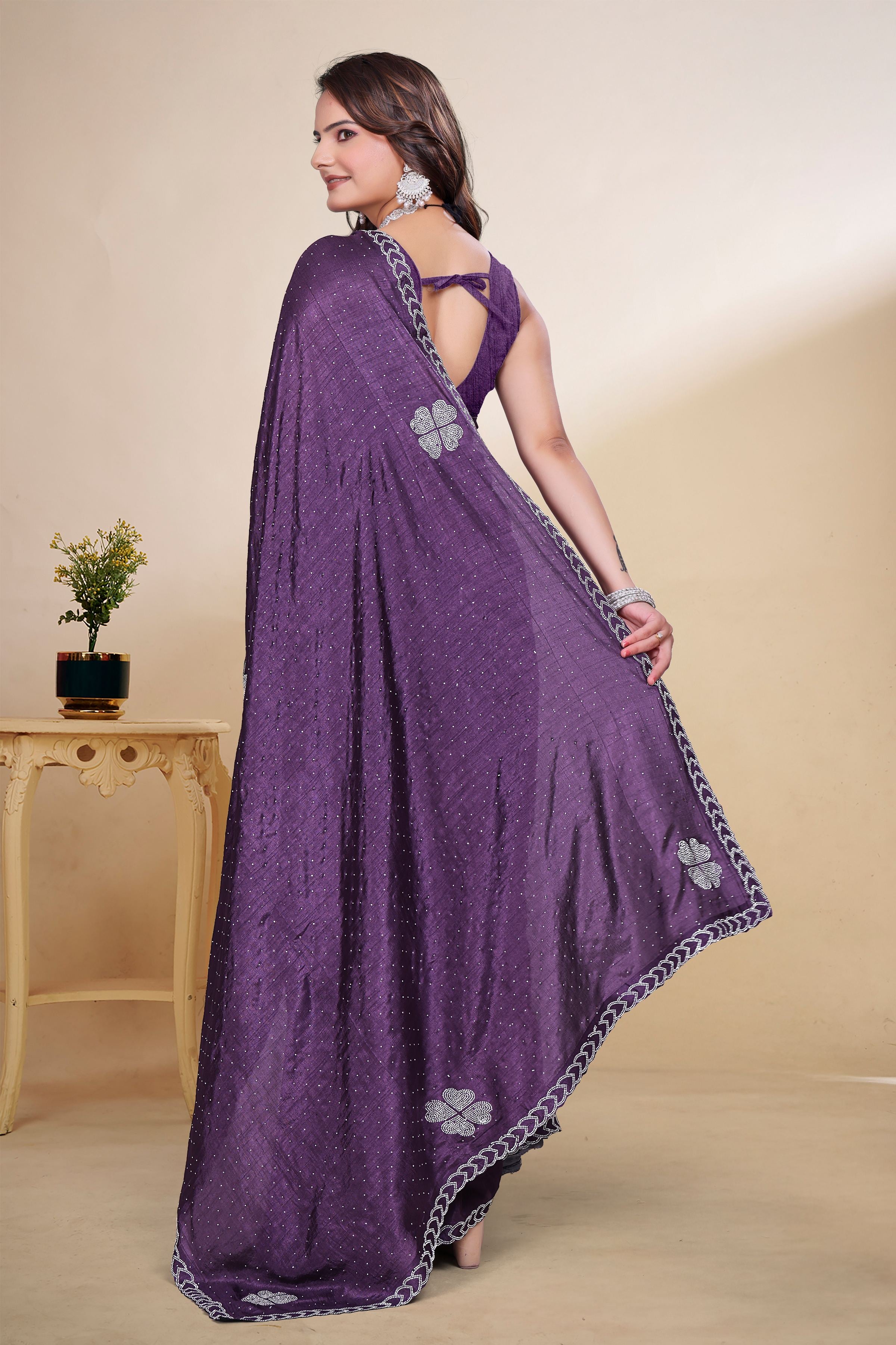 Purple Diamond Work Georgette Designer Saree