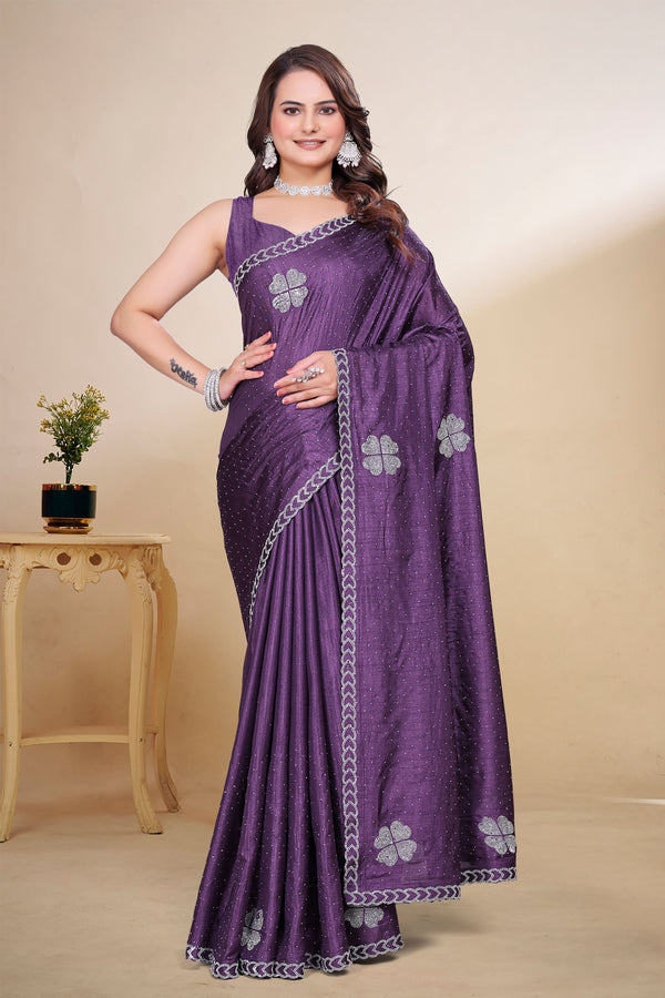 Purple Diamond Work Georgette Designer Saree