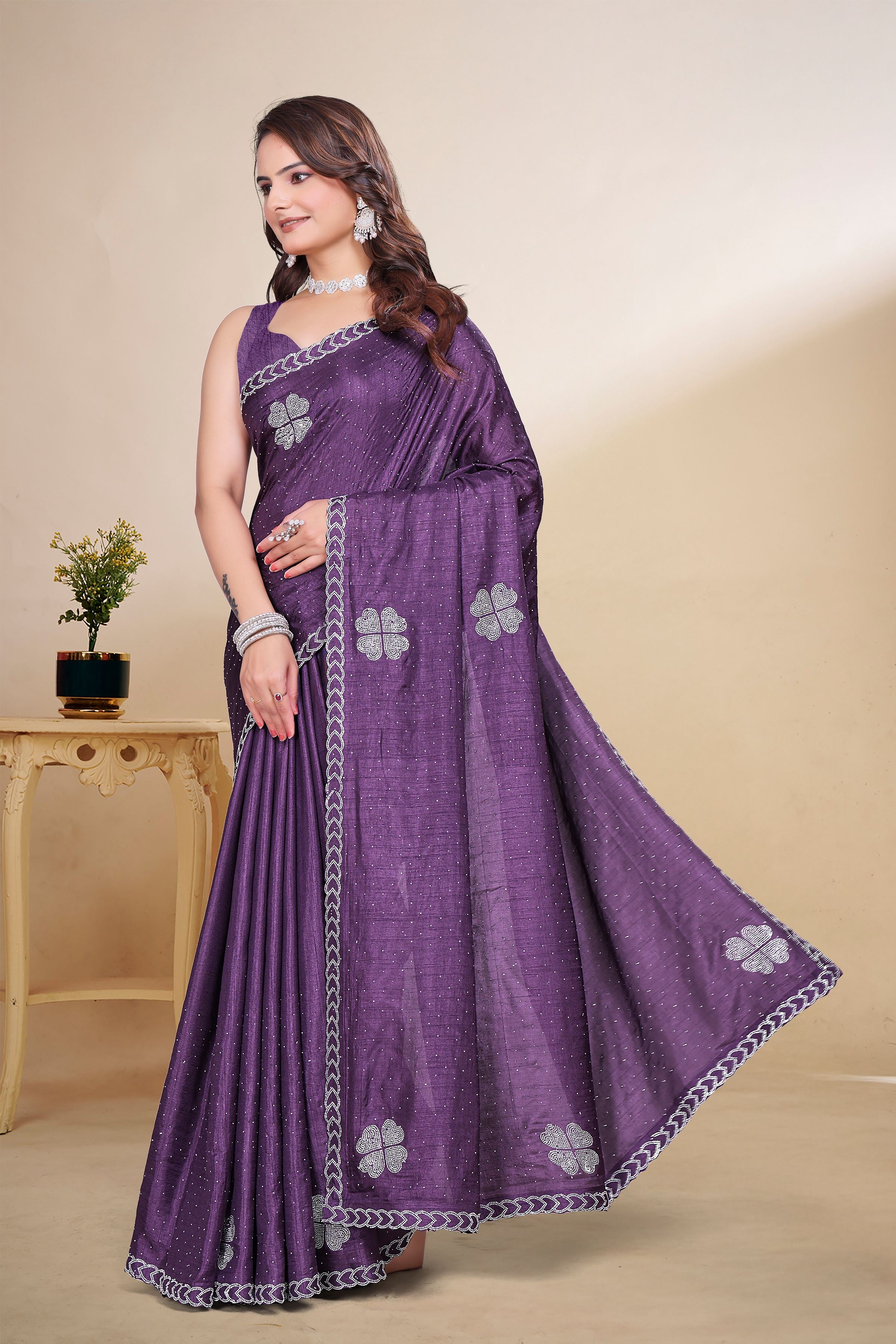 Purple Diamond Work Georgette Designer Saree