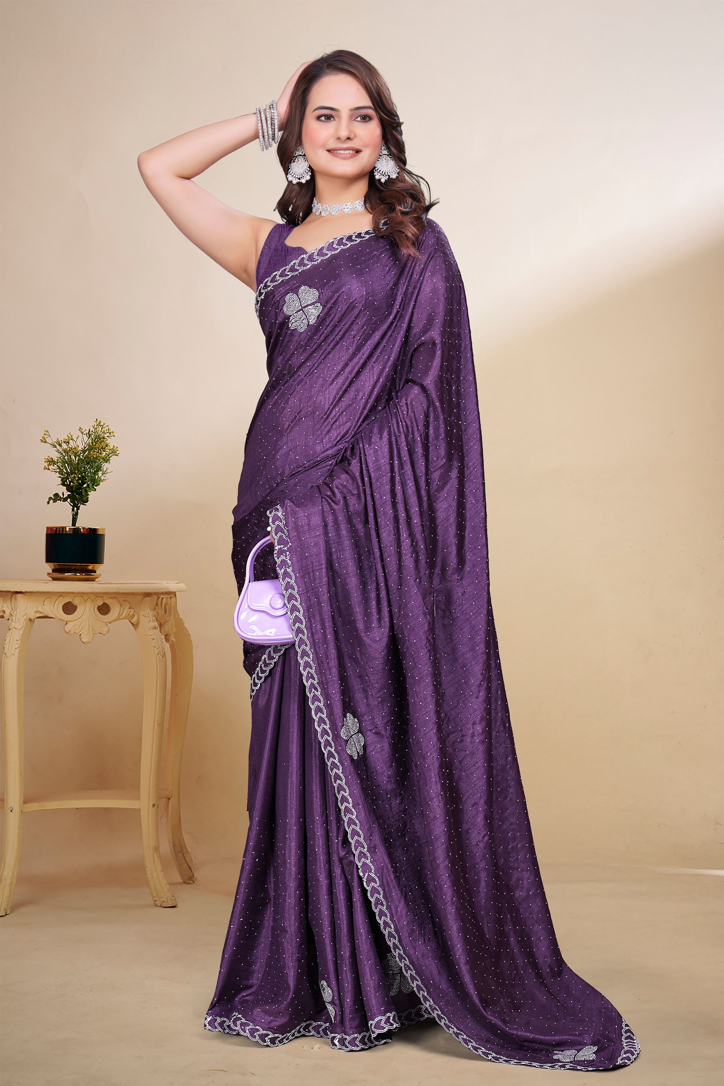 Purple Diamond Work Georgette Designer Saree