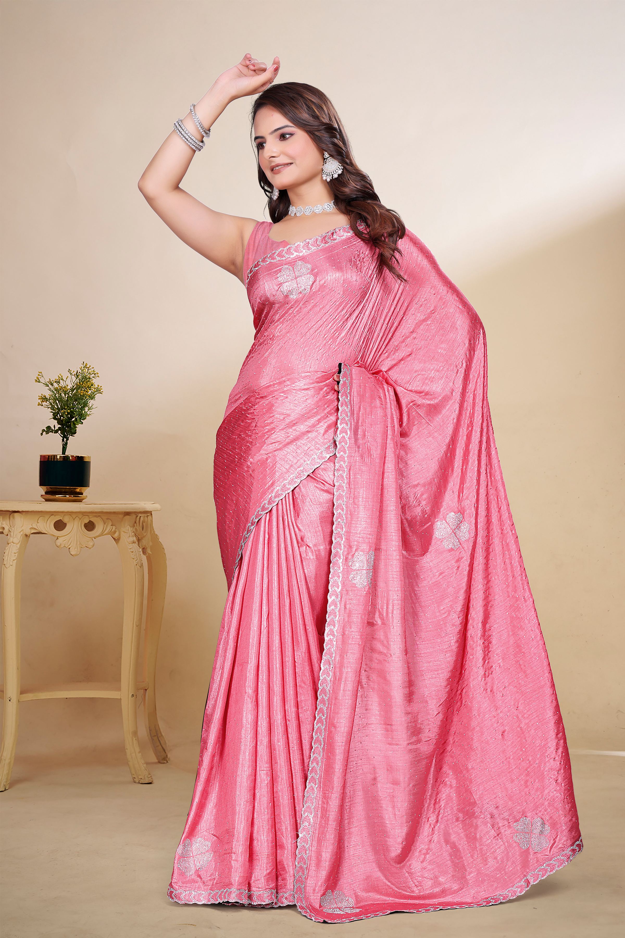 Rose Pink Diamond Work Georgette Designer Saree