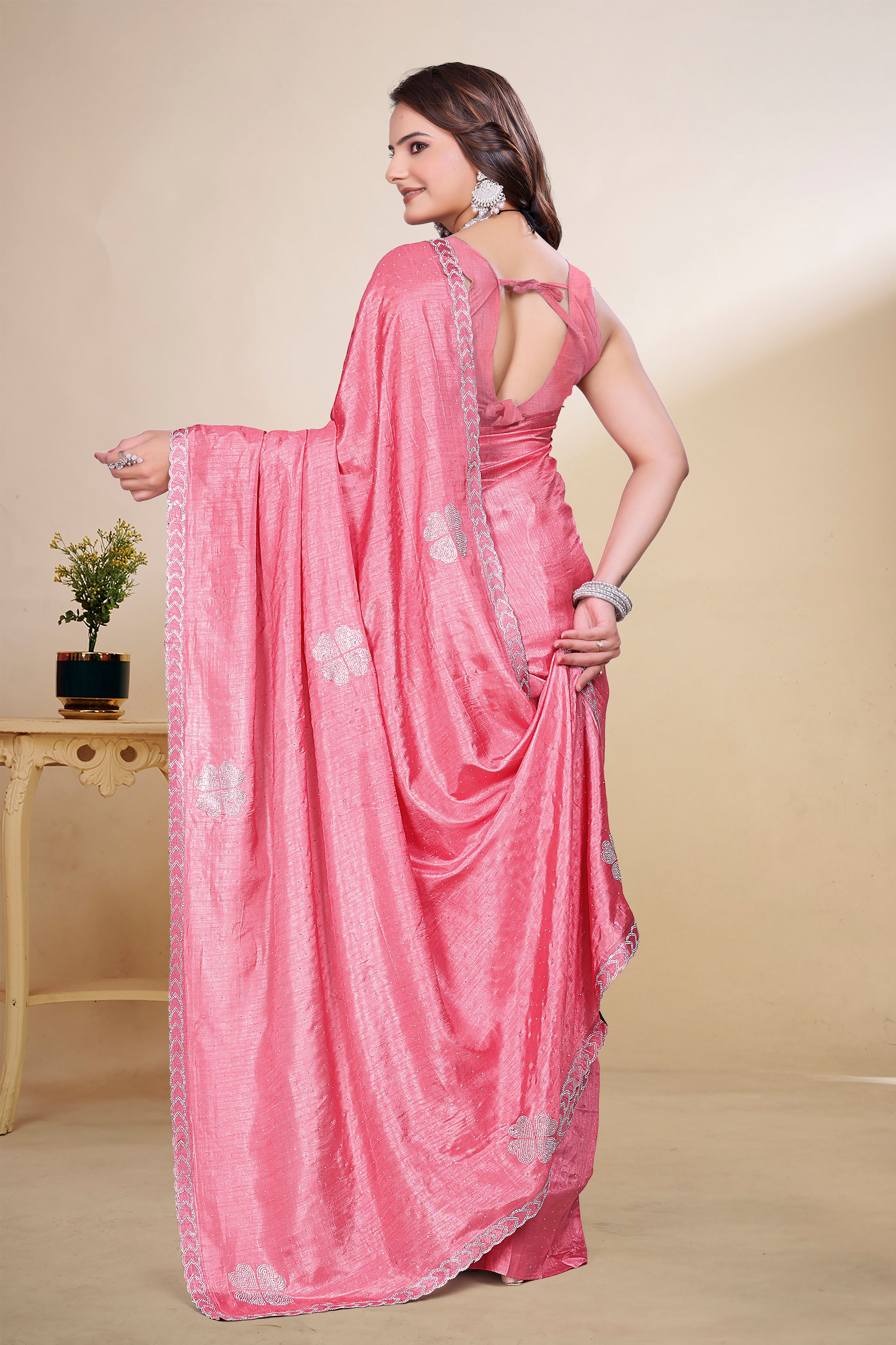 Rose Pink Diamond Work Georgette Designer Saree