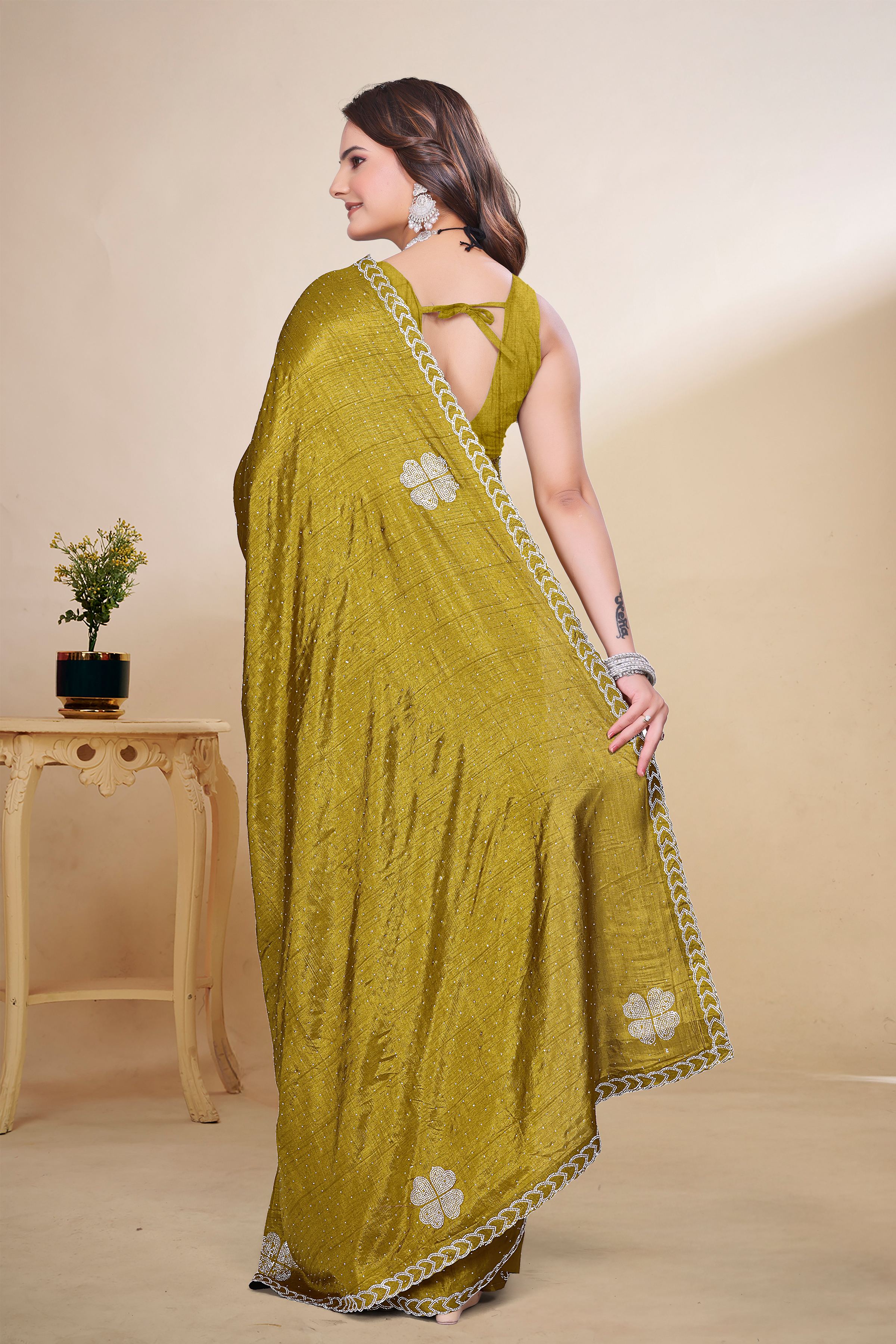 Mustard Diamond Work Georgette Designer Saree