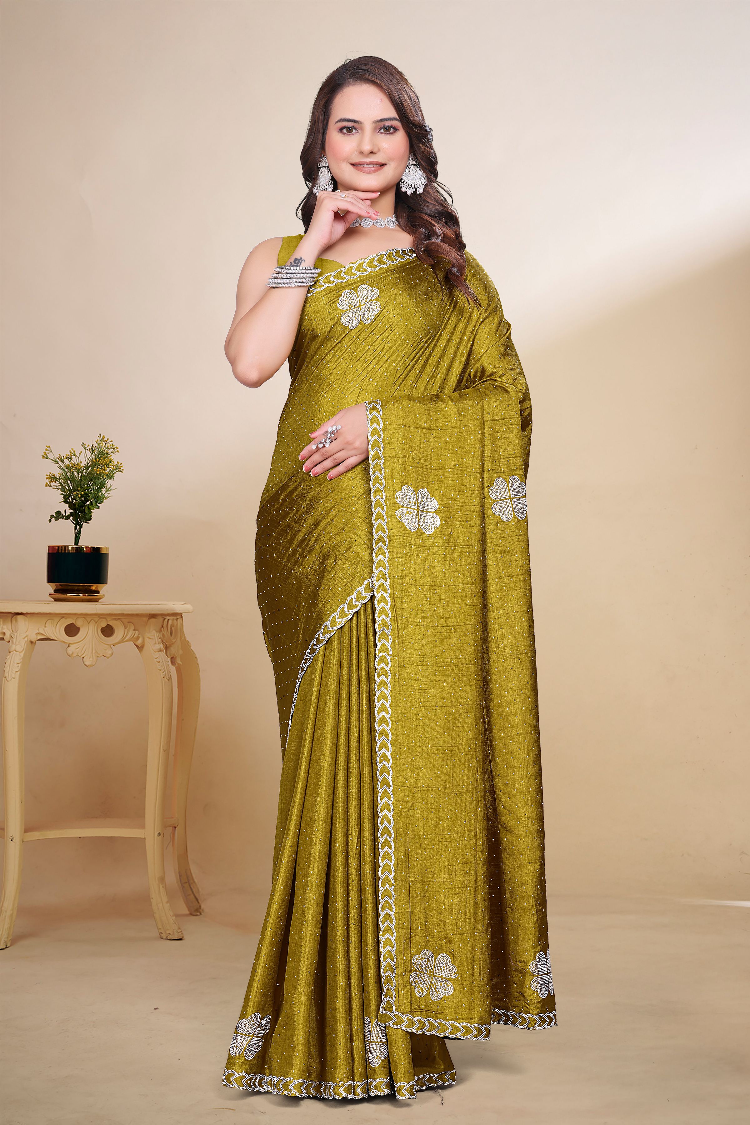 Mustard Diamond Work Georgette Designer Saree