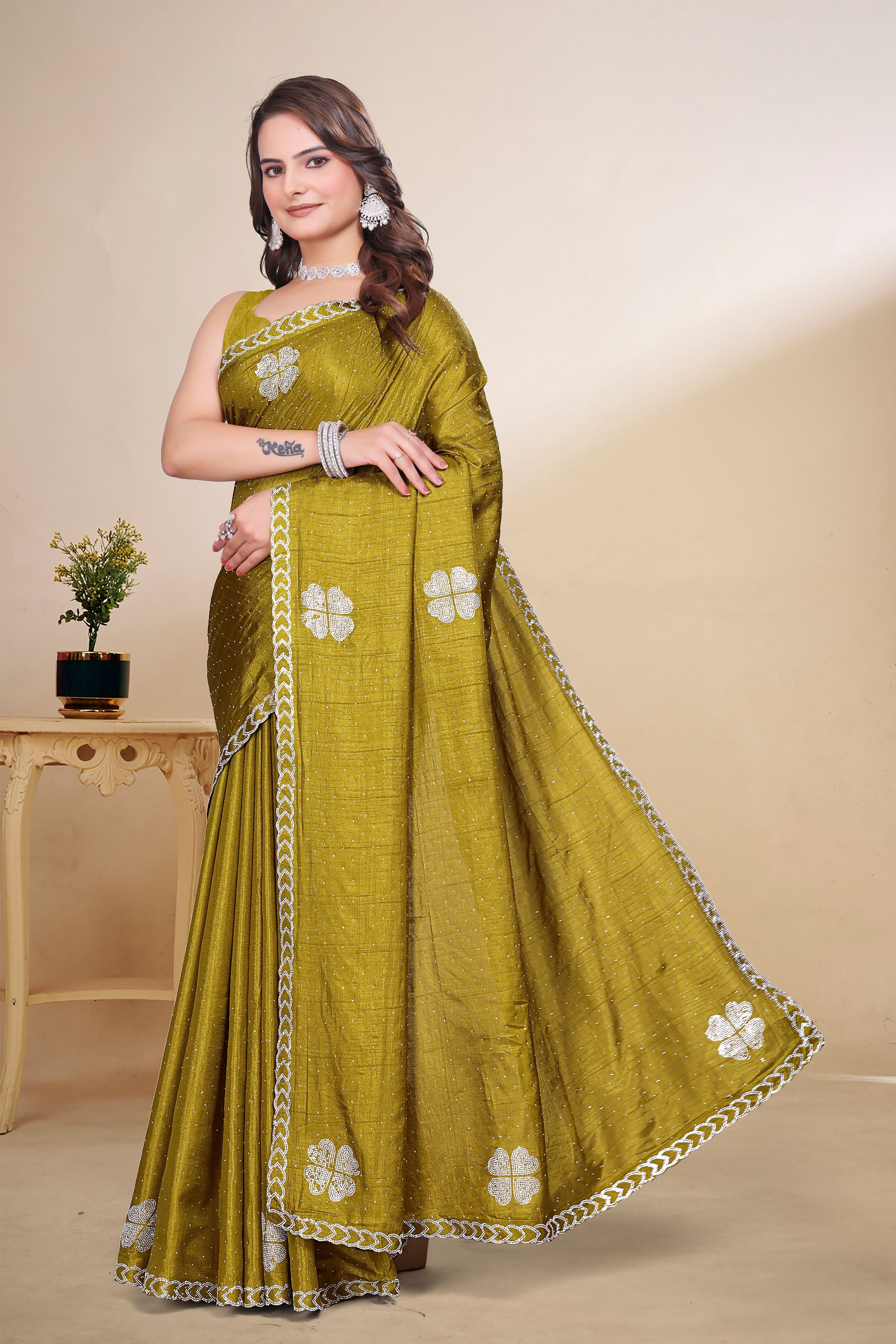 Mustard Diamond Work Georgette Designer Saree