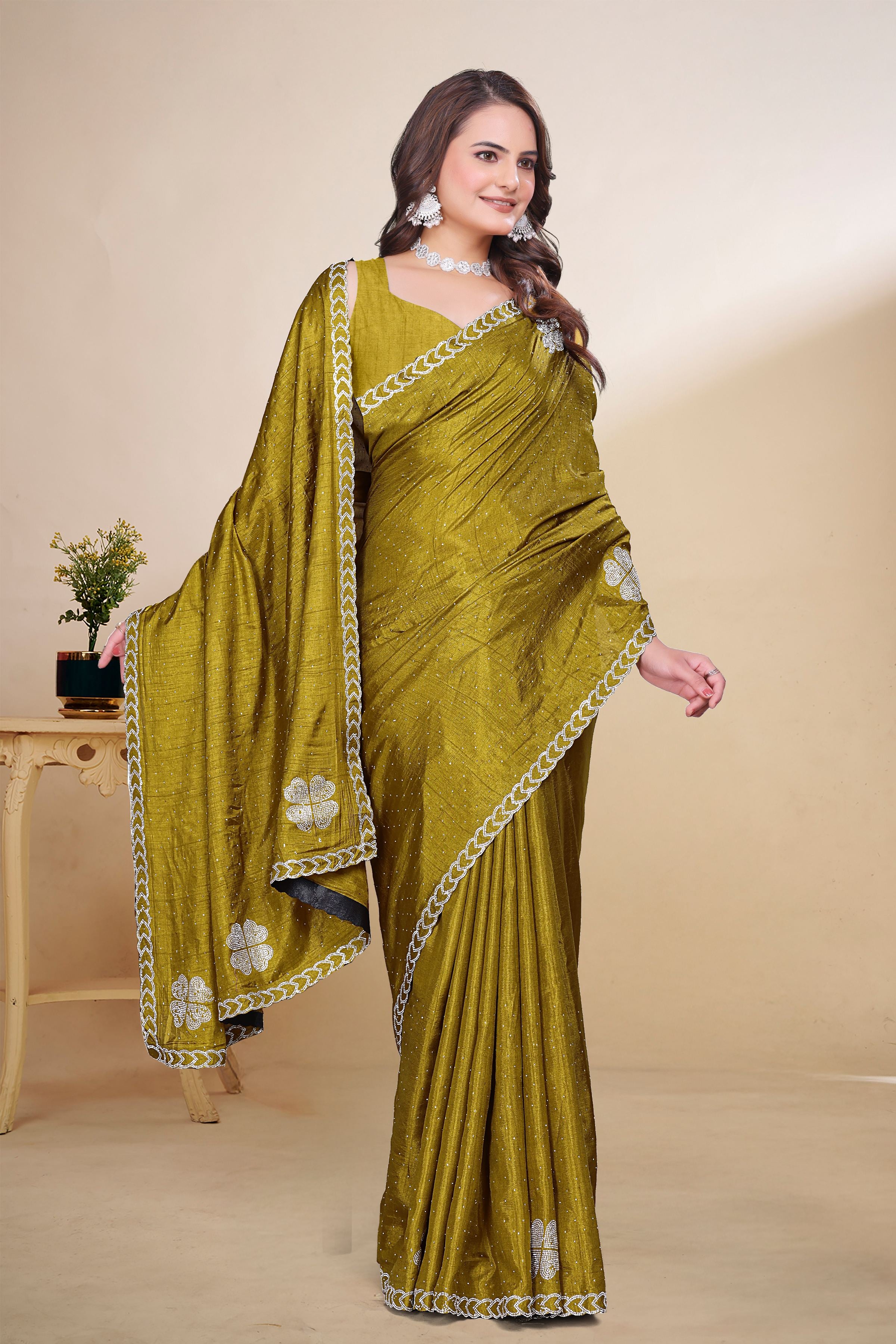 Mustard Diamond Work Georgette Designer Saree