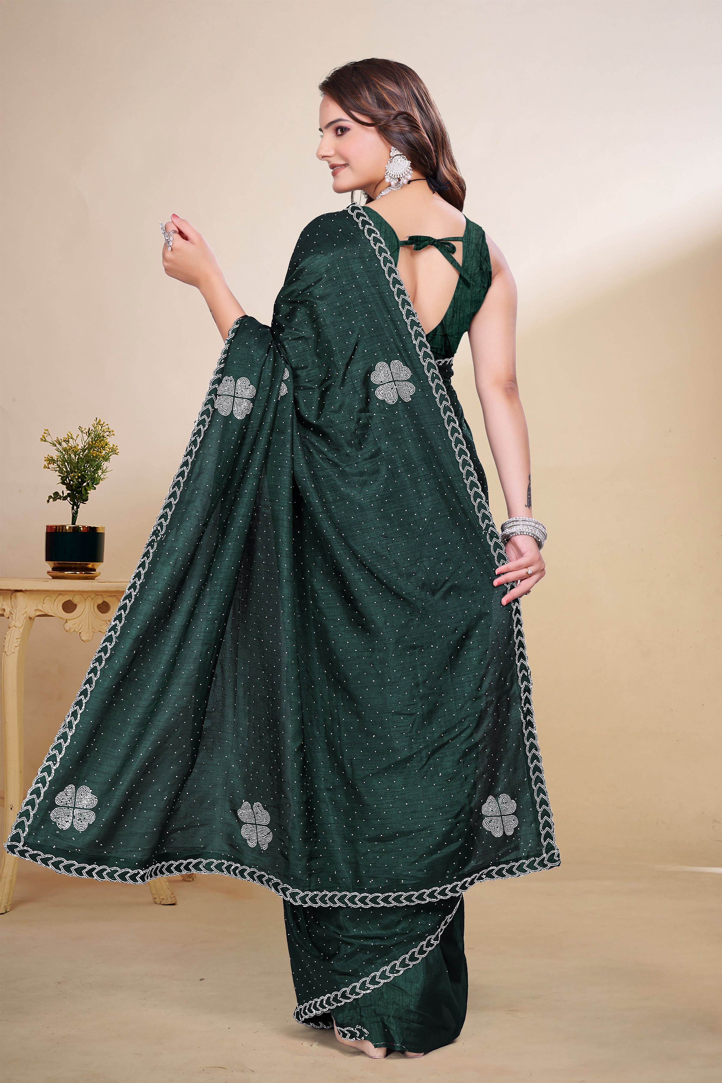 Bottle Green Diamond Work Georgette Designer Saree