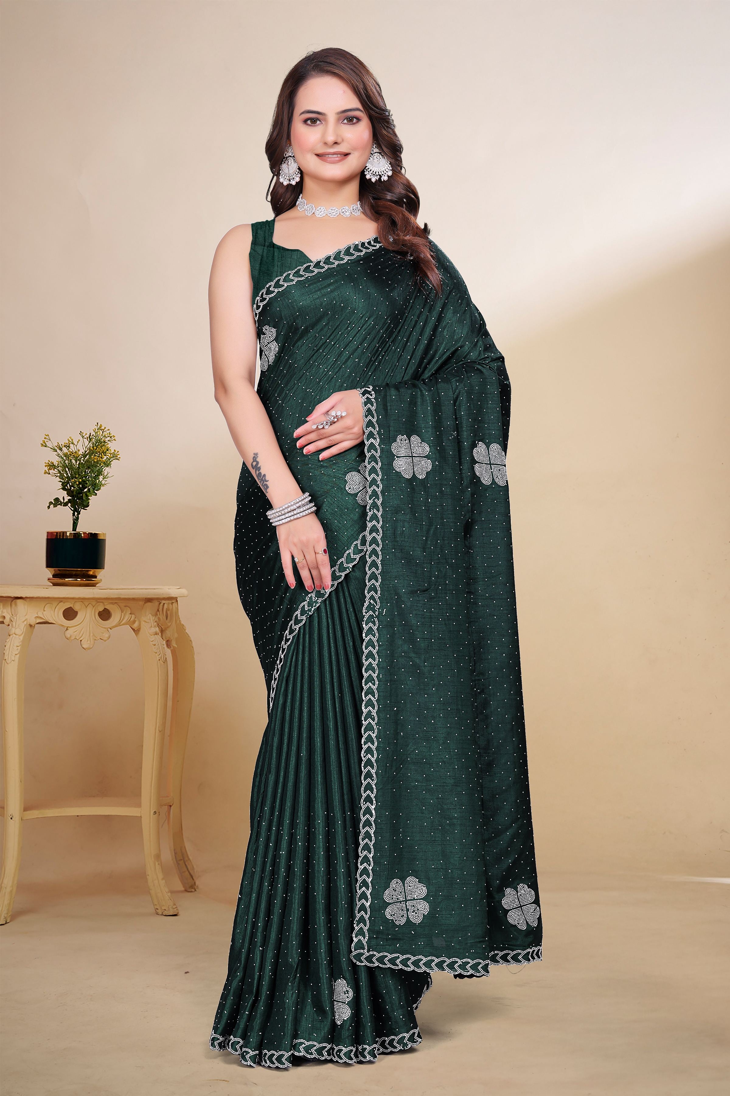Bottle Green Diamond Work Georgette Designer Saree