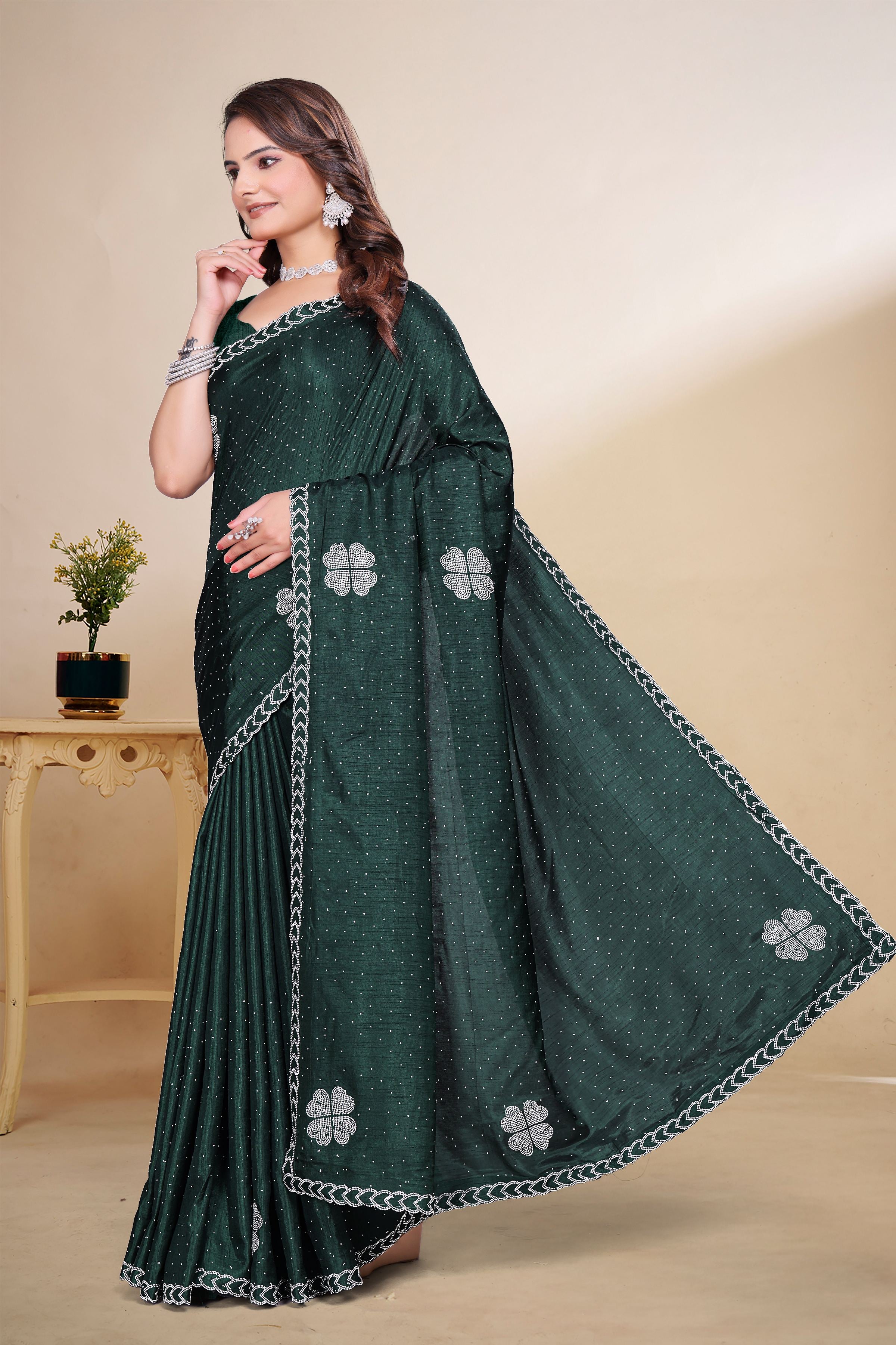 Bottle Green Diamond Work Georgette Designer Saree