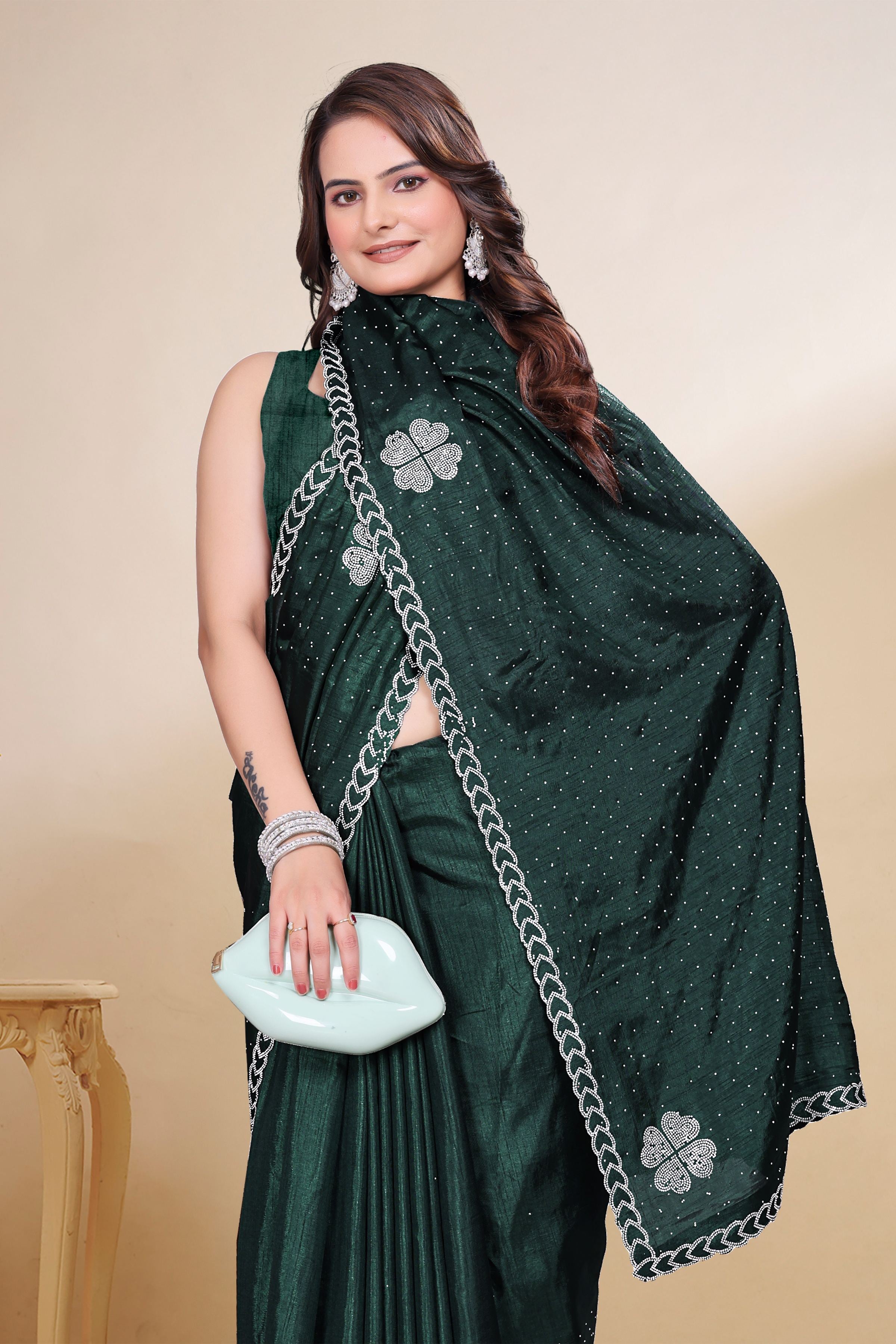 Bottle Green Diamond Work Georgette Designer Saree