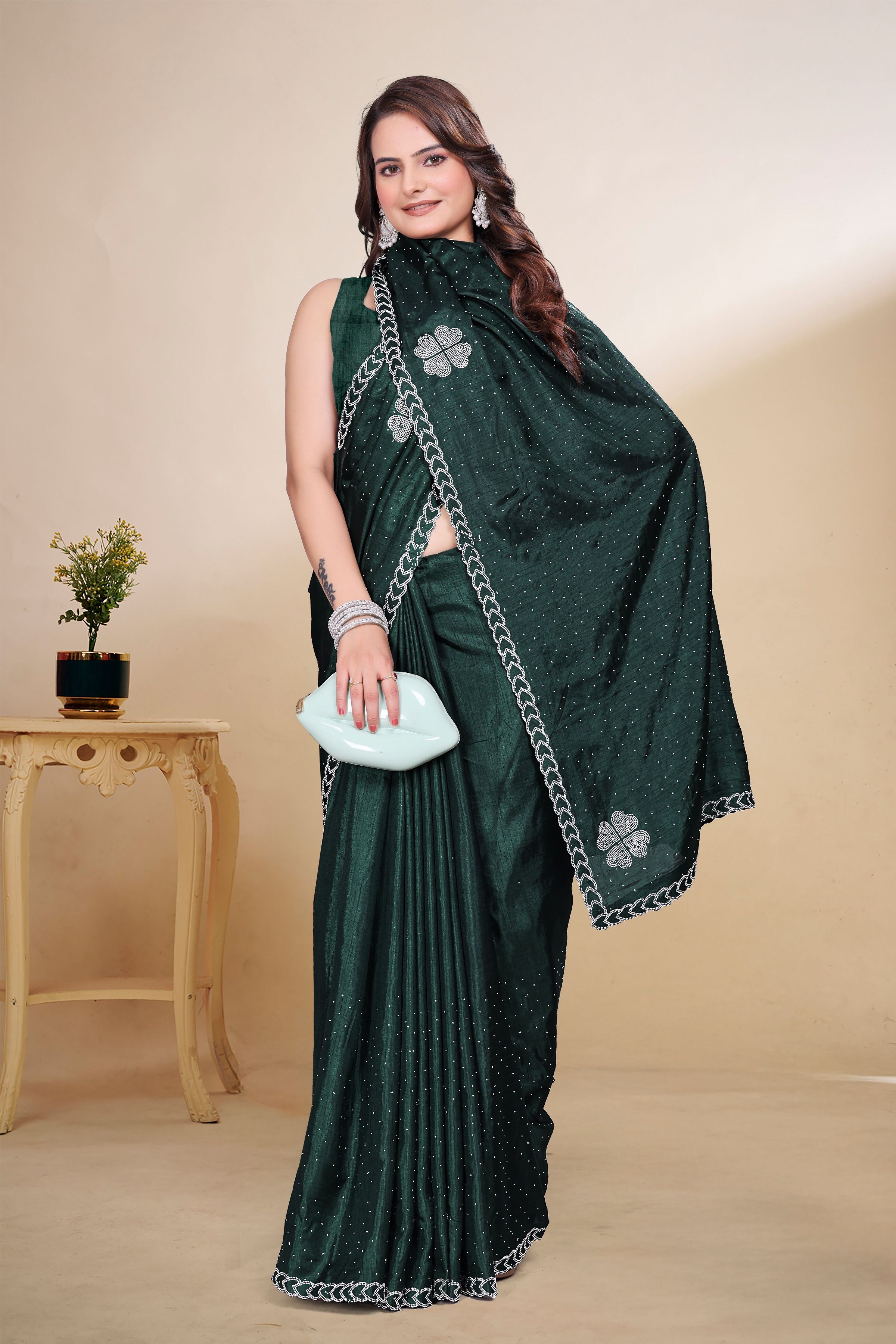 Bottle Green Diamond Work Georgette Designer Saree
