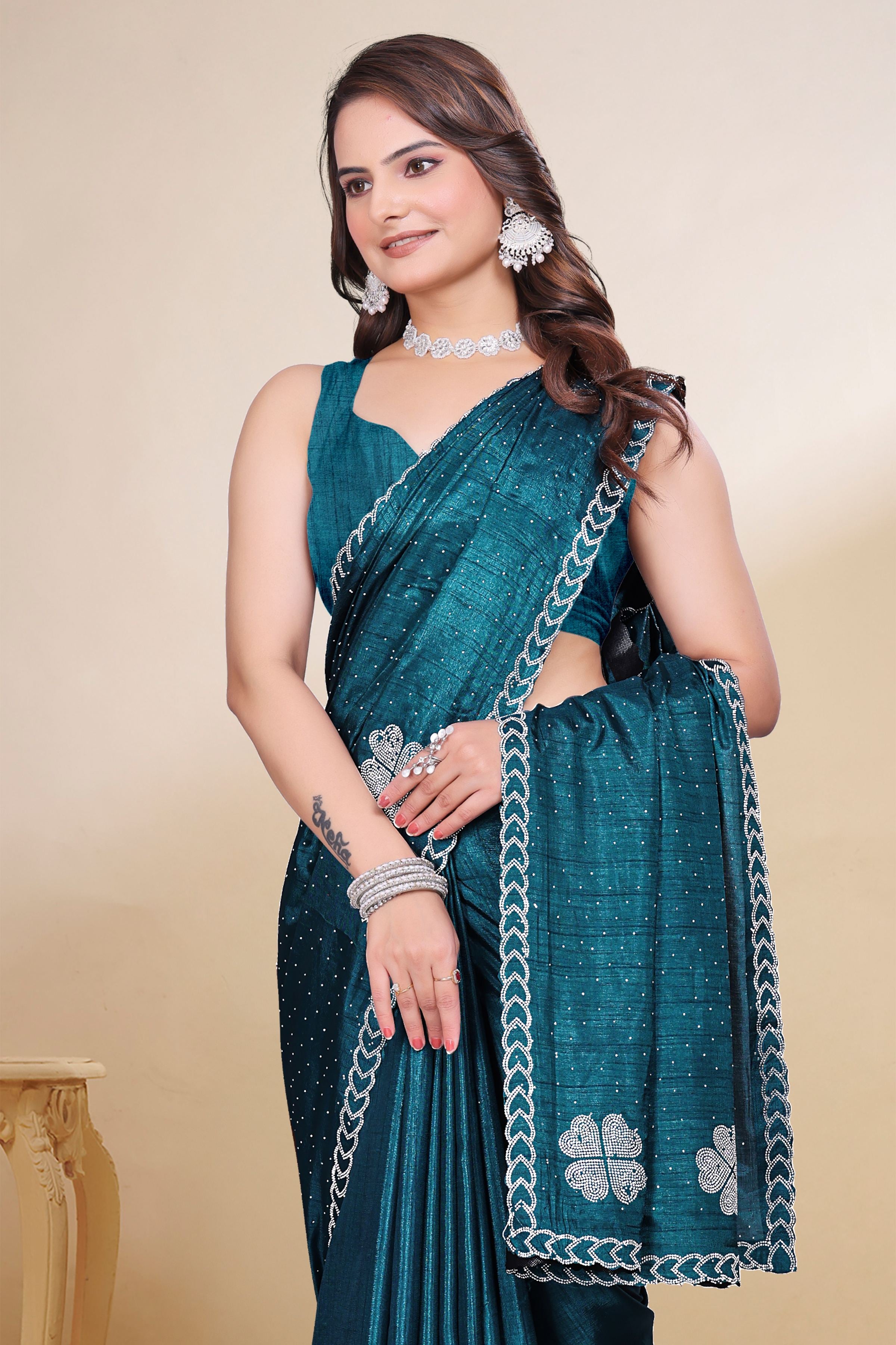 Teal Blue Diamond Work Georgette Designer Saree