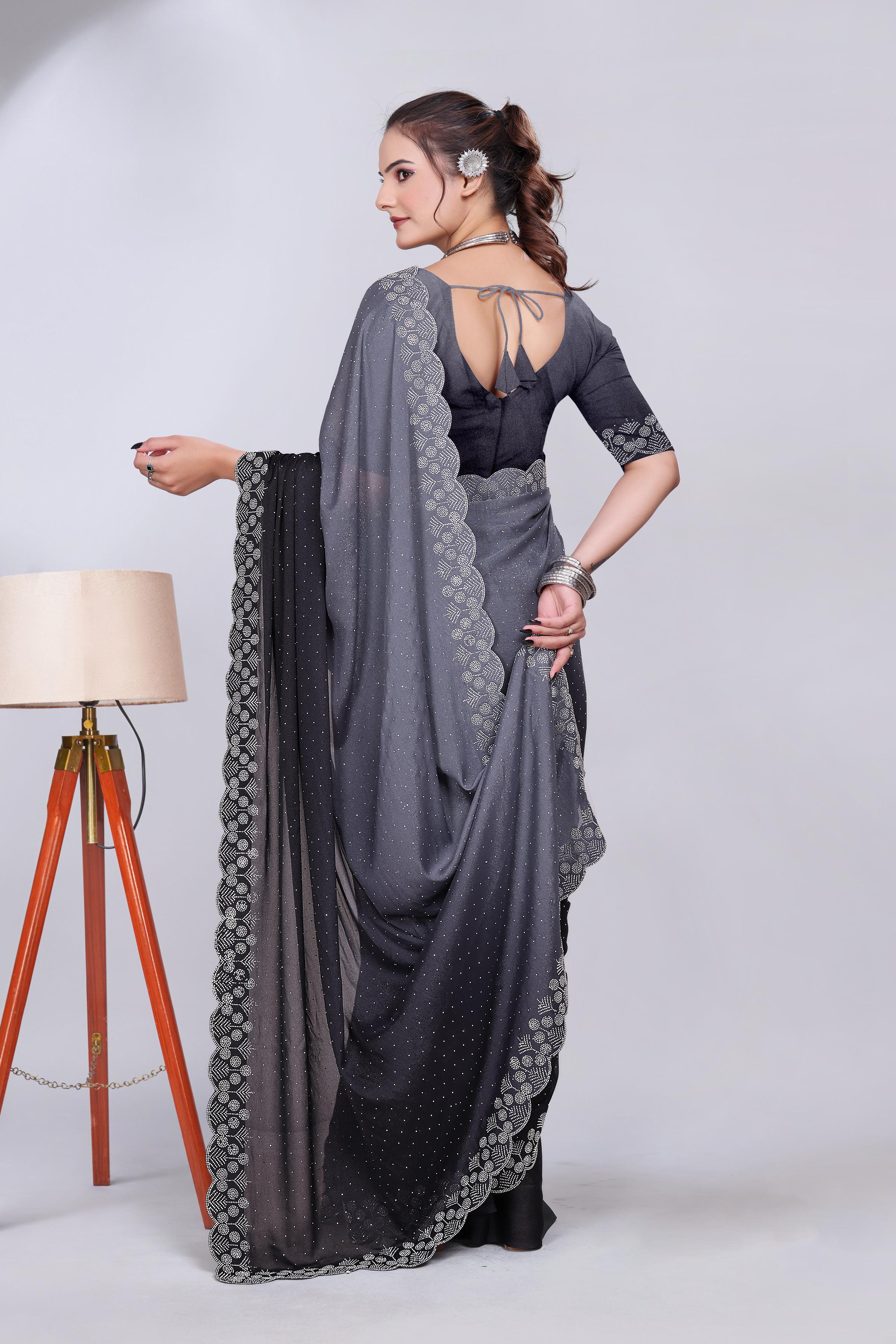 Charcoal Grey Diamond Work Chiffon Designer Saree