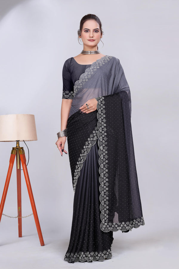 Charcoal Grey Diamond Work Chiffon Designer Saree