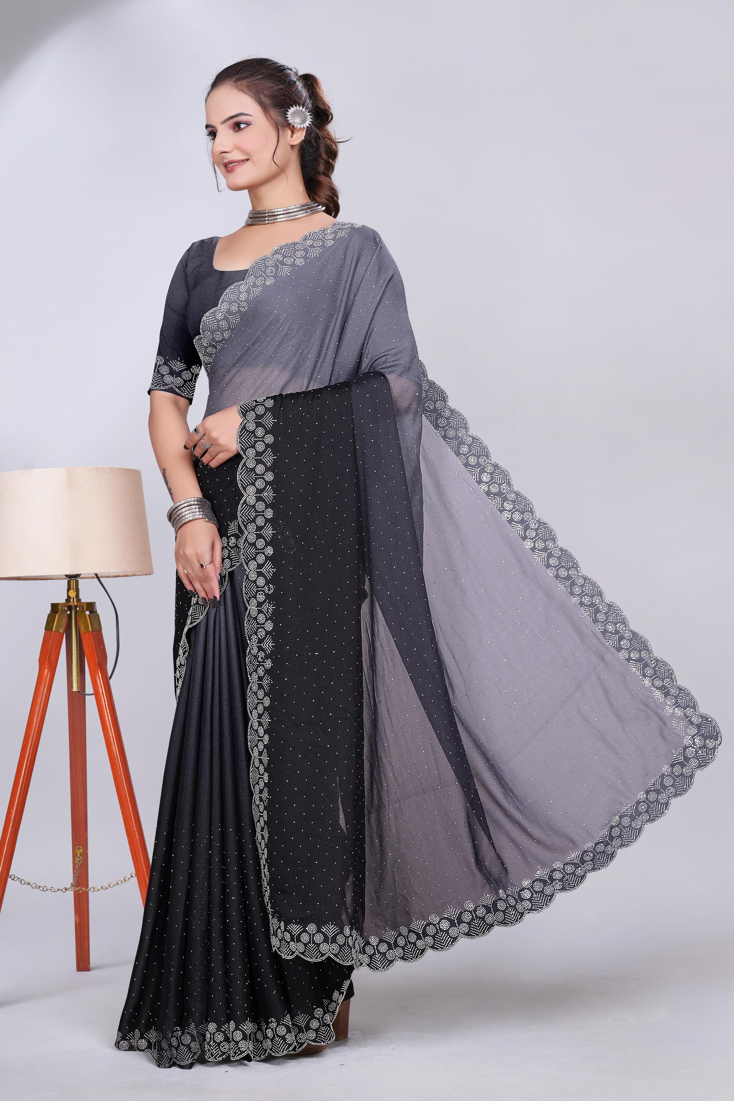 Charcoal Grey Diamond Work Chiffon Designer Saree