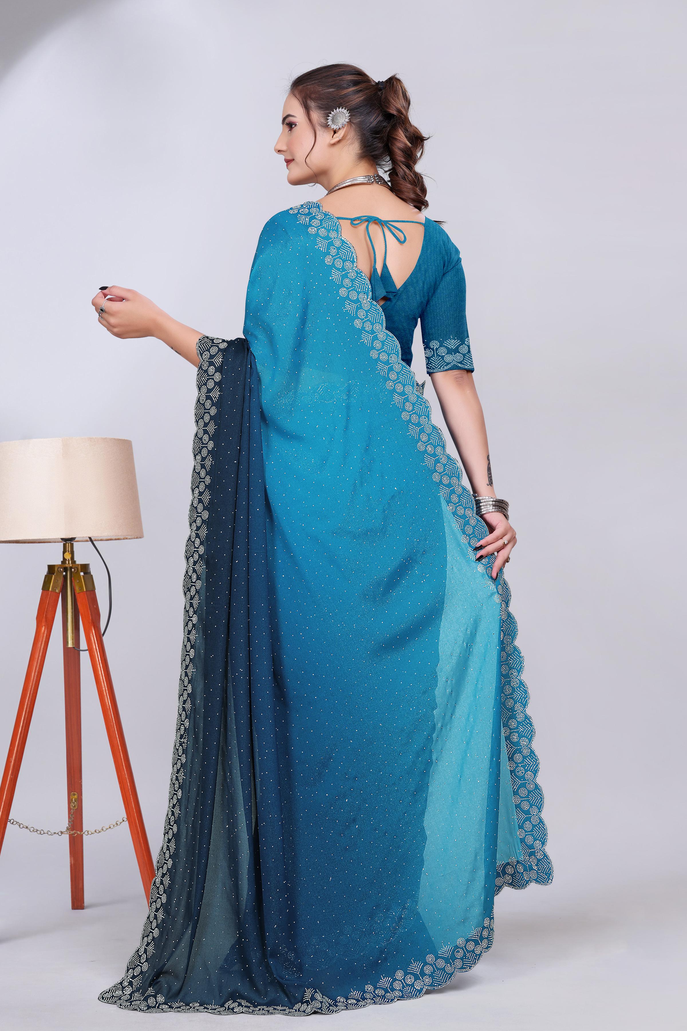 Peacock Blue Diamond Work Chiffon Designer Saree