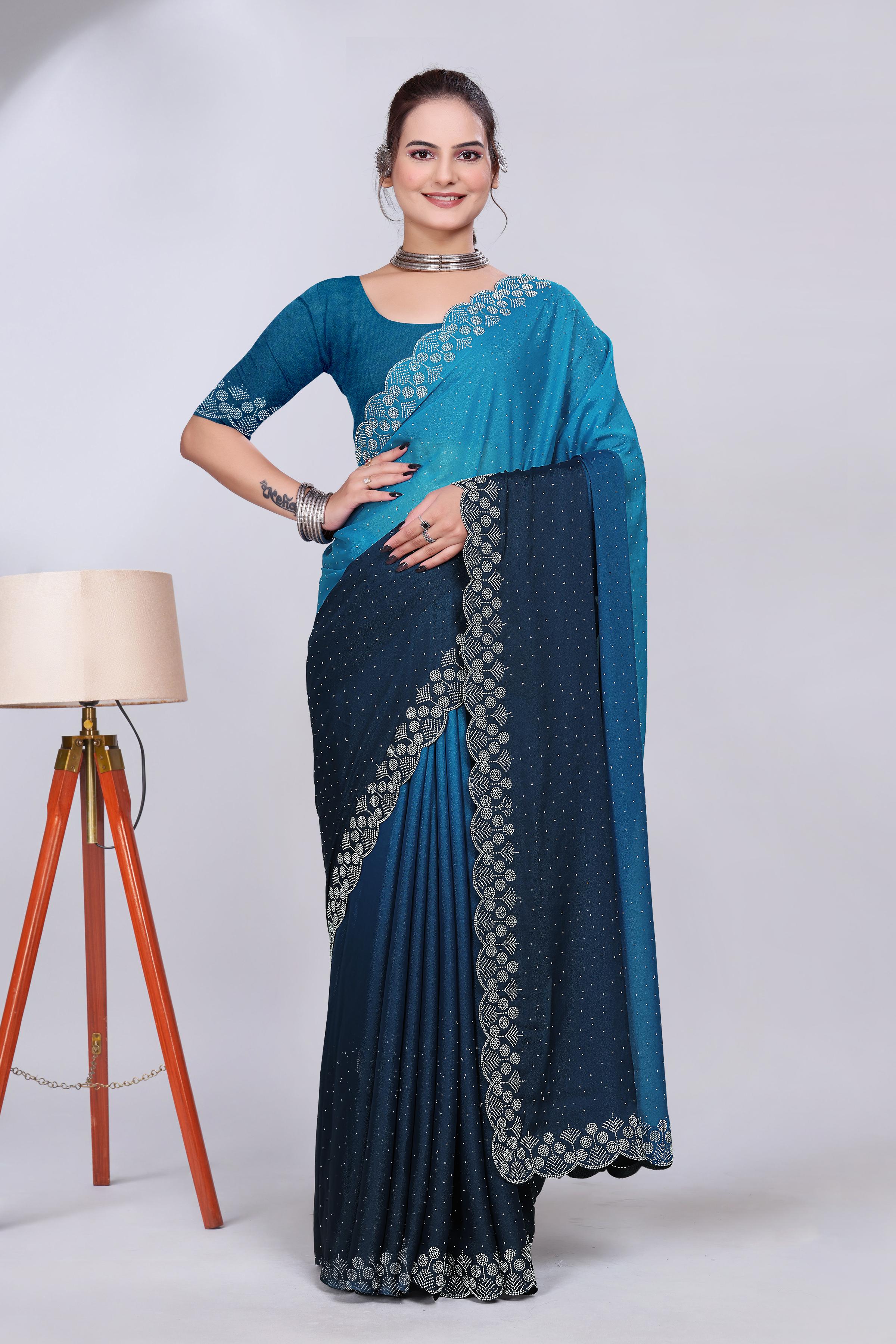 Peacock Blue Diamond Work Chiffon Designer Saree