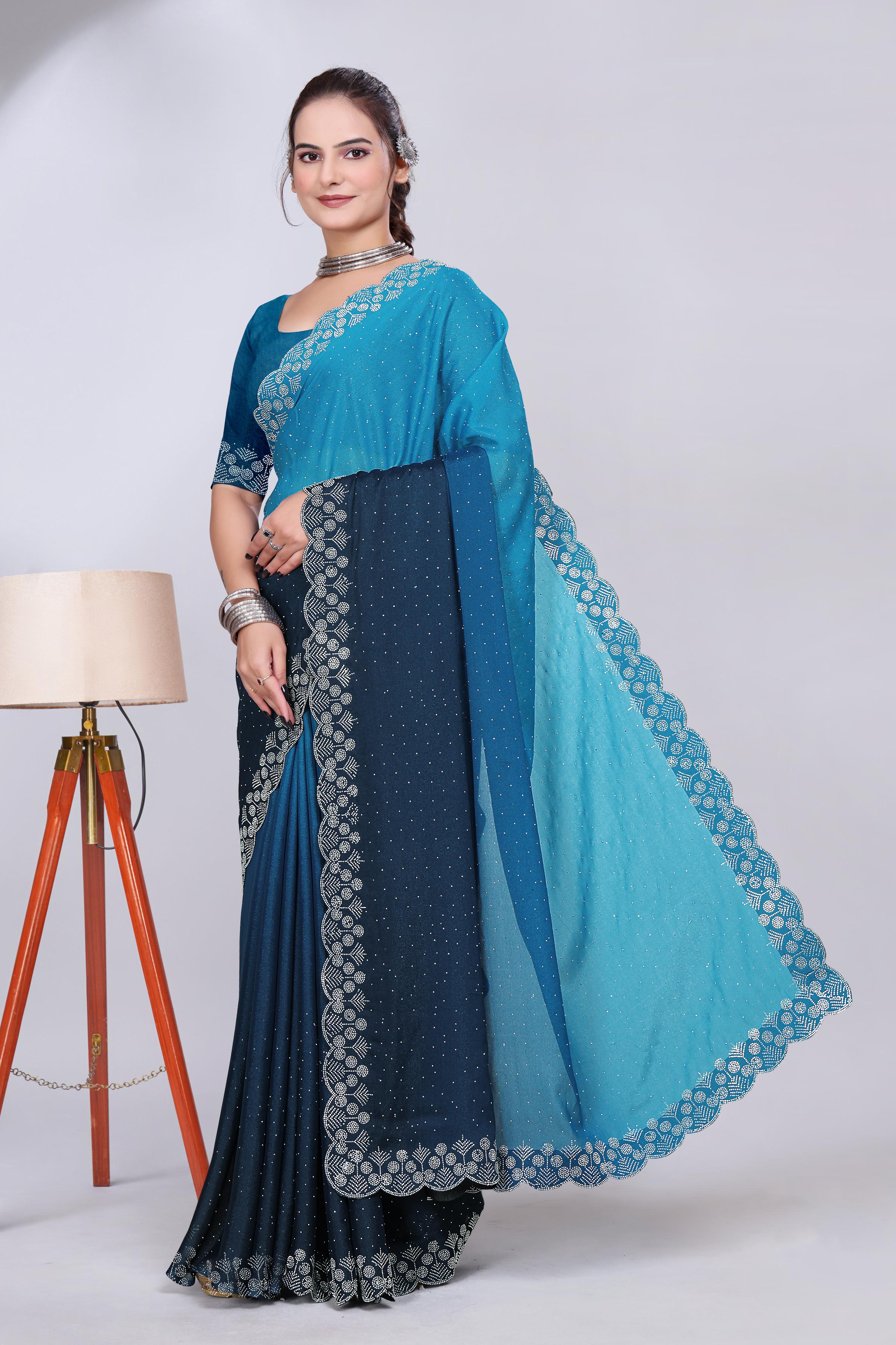 Peacock Blue Diamond Work Chiffon Designer Saree