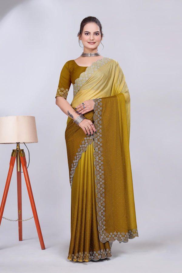 Mustard Yellow Diamond Work Chiffon Designer Saree