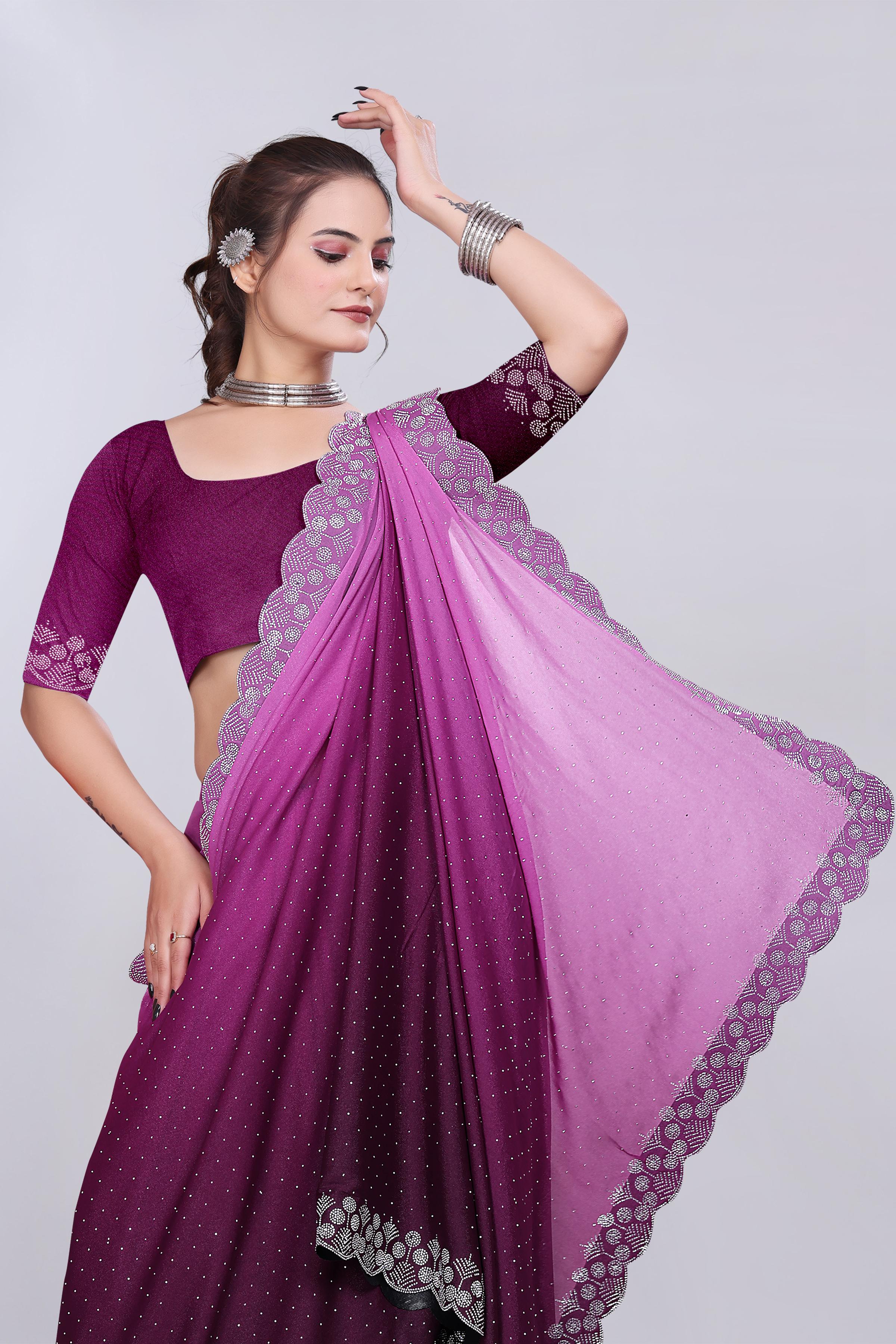 Wine Diamond Work Chiffon Designer Saree